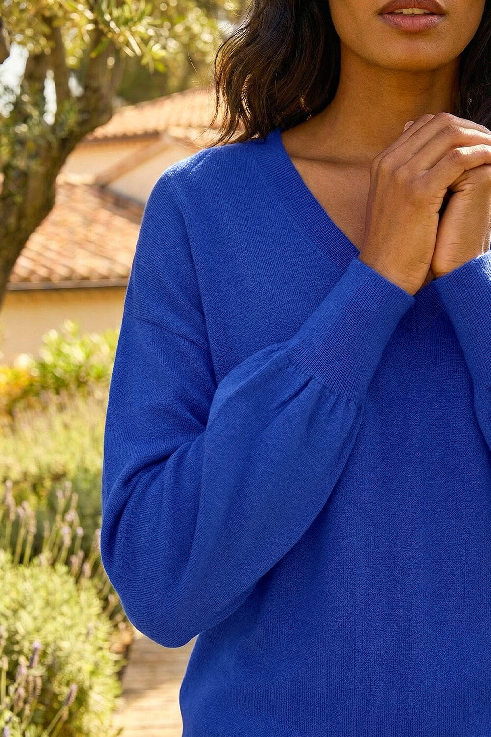Royal Blue Plain Stretch V-Neck Longline Jumper, Image 5 of 4