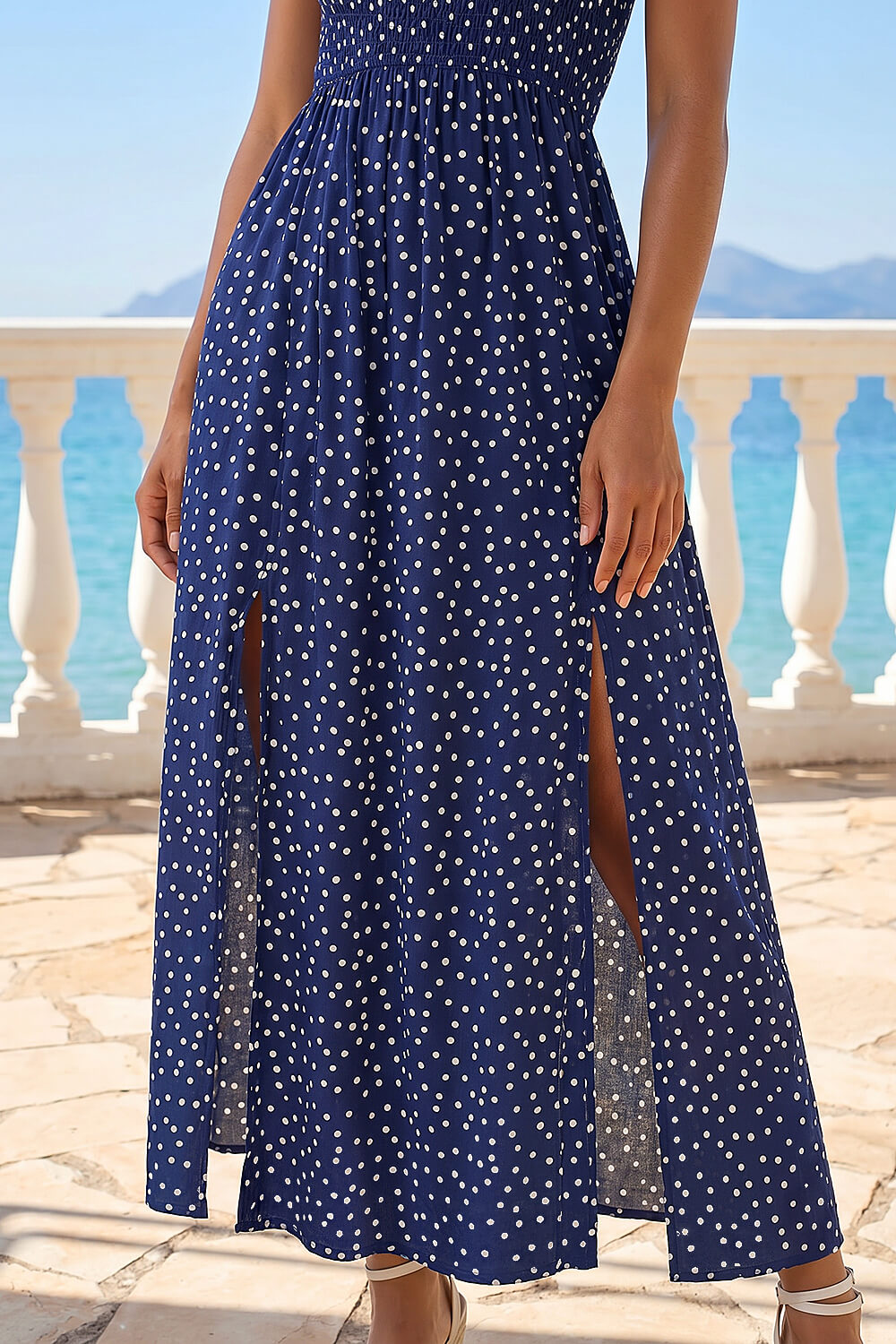 Navy Polka Dot Bardot Shirred Maxi Dress, Image 5 of 4