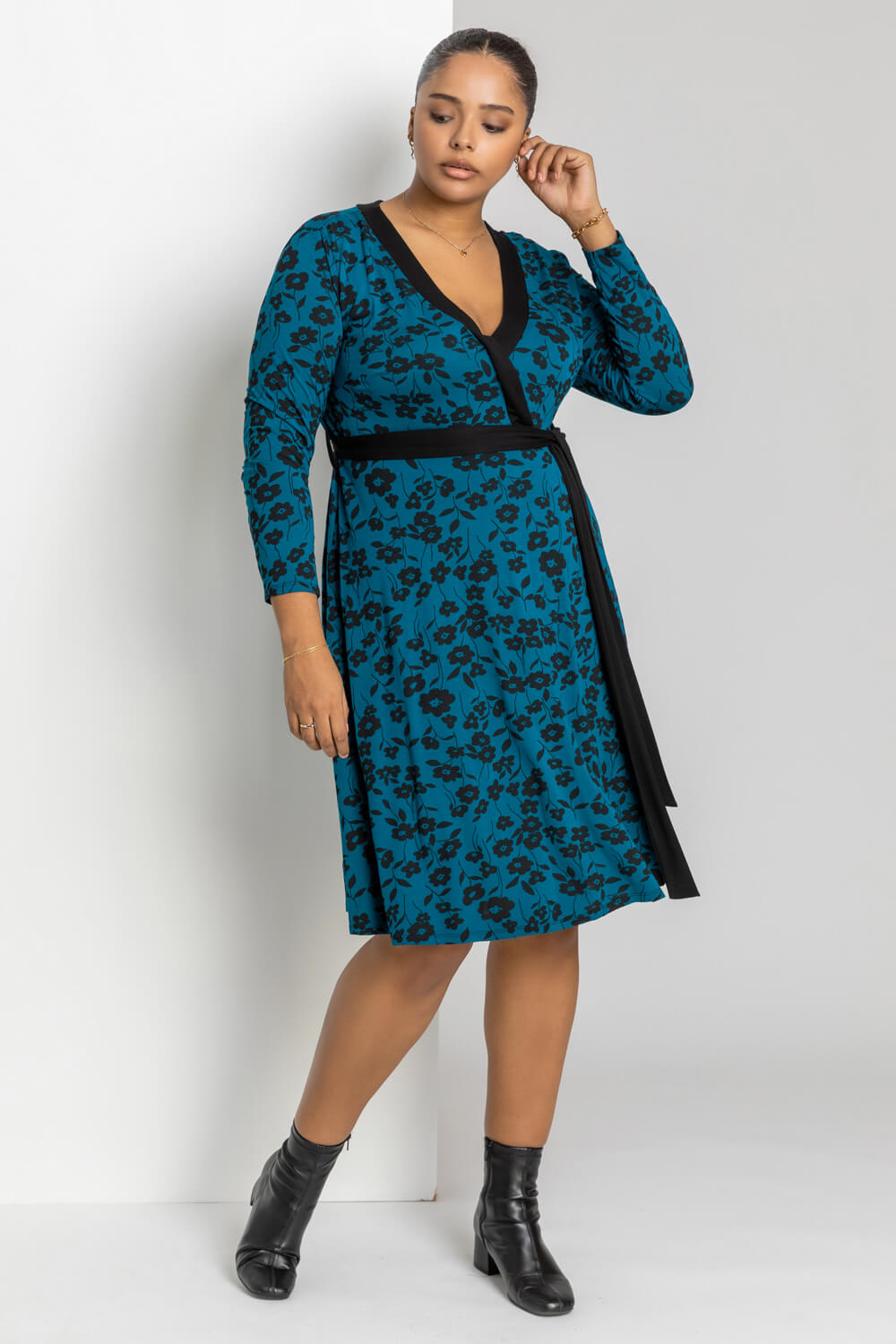 Petrol Blue Curve Floral Contrast Print Wrap Dress, Image 4 of 4