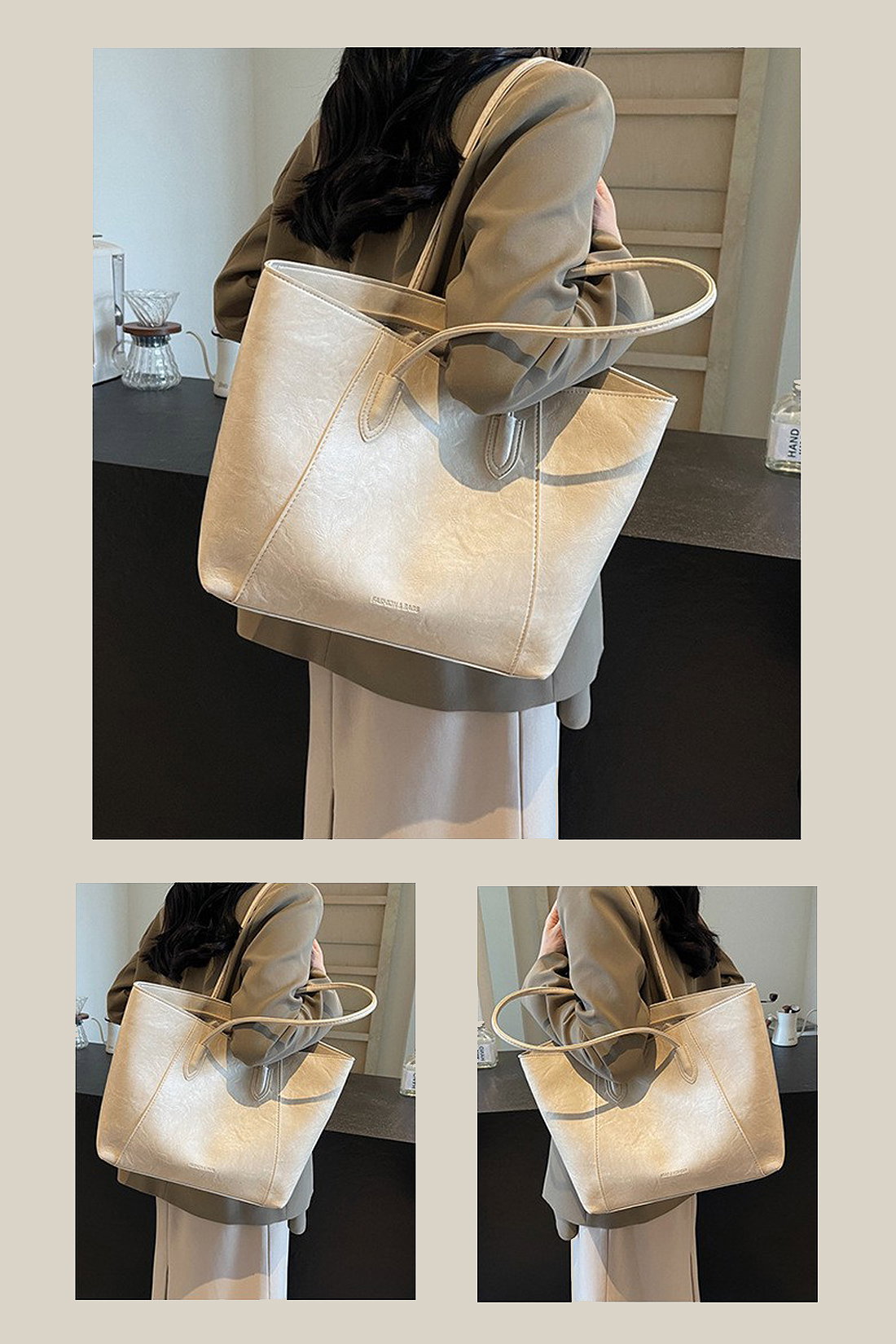 Beige Large Tote Handbag With Shoulder Strap, Image 4 of 4
