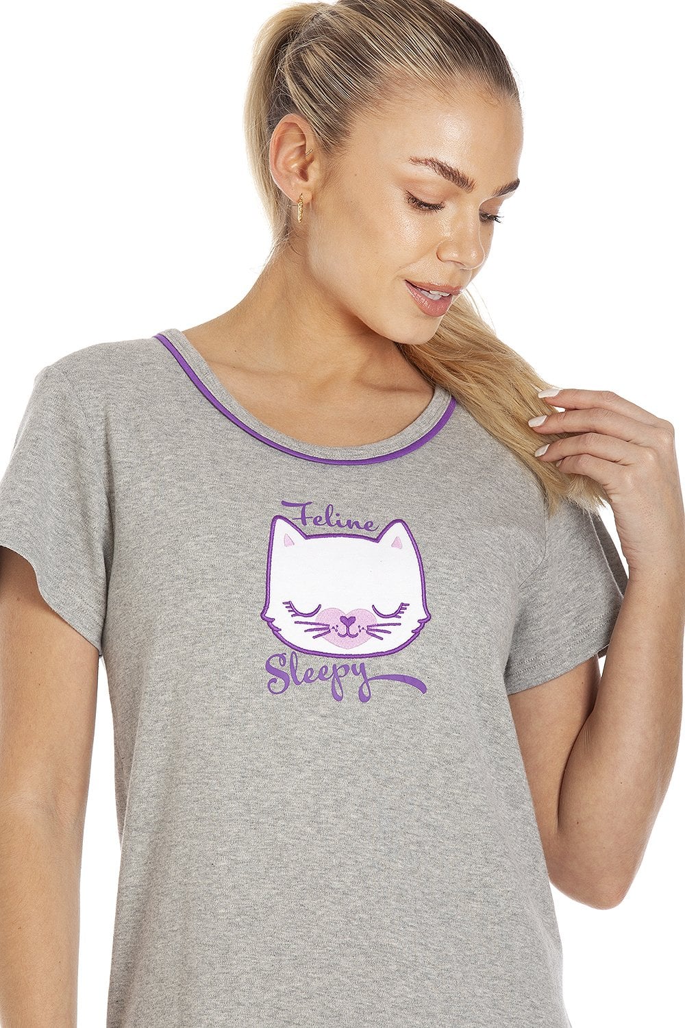 Grey Short Sleeve Cat Print Nightdress, Image 4 of 4