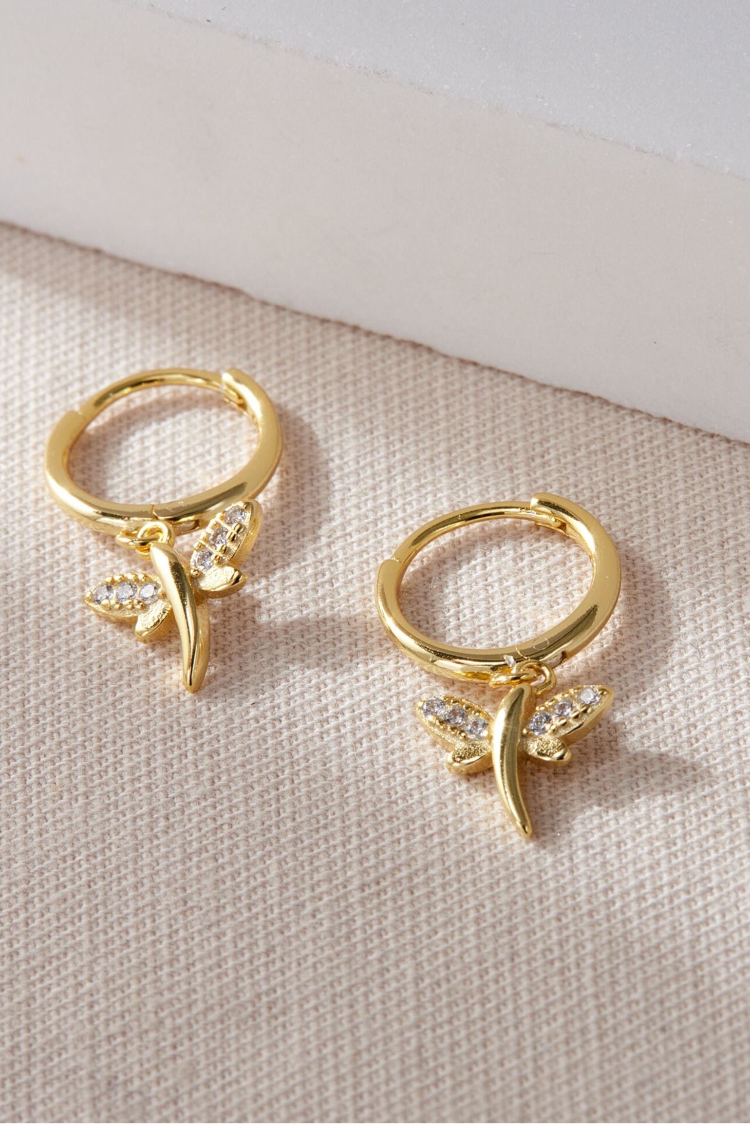 Gold Sterling Silver CZ Dragonfly Hoops, Image 1 of 2