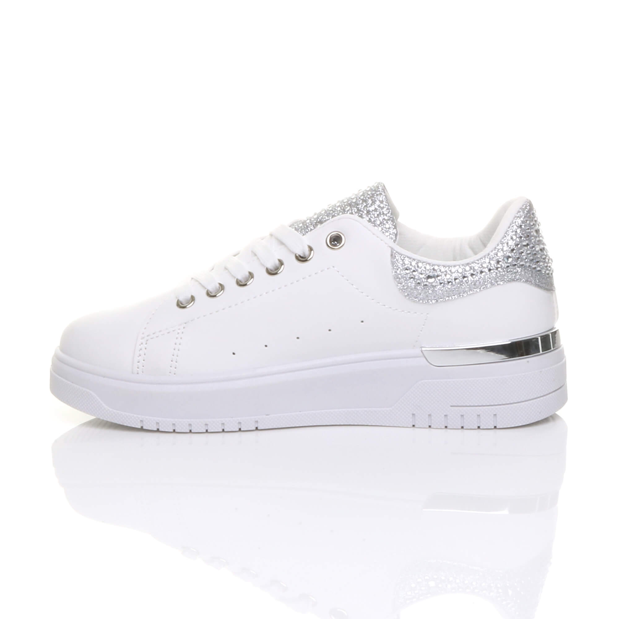 White AJVANI White Flat Chunky Diamante Sparkly Trainers, Image 3 of 6