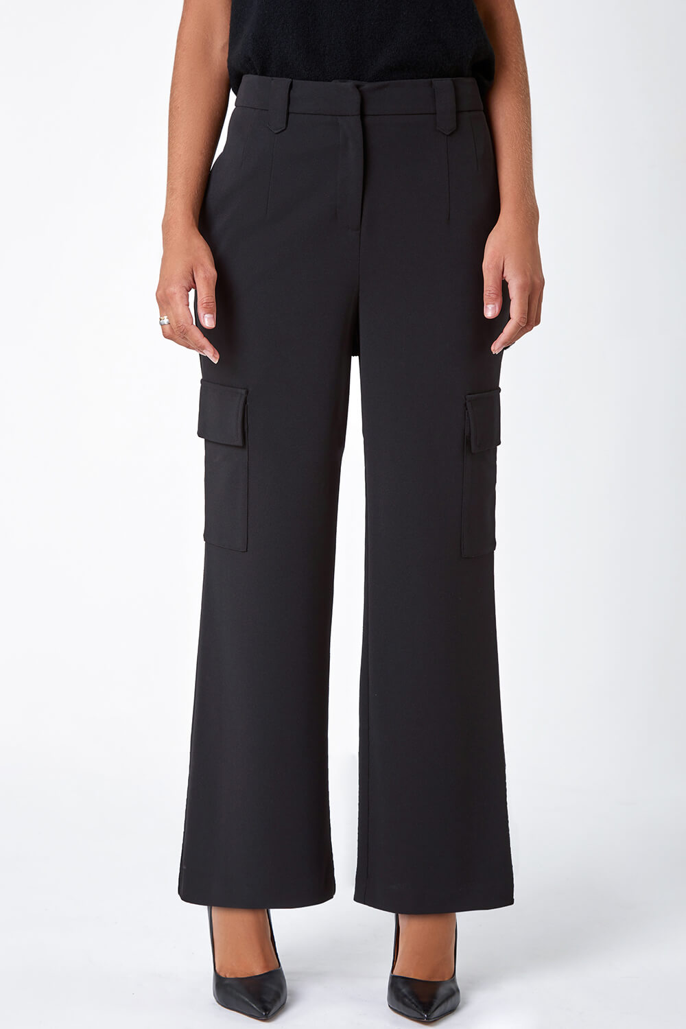 Black Smart Wide Leg Cargo Stretch Trouser, Image 5 of 5