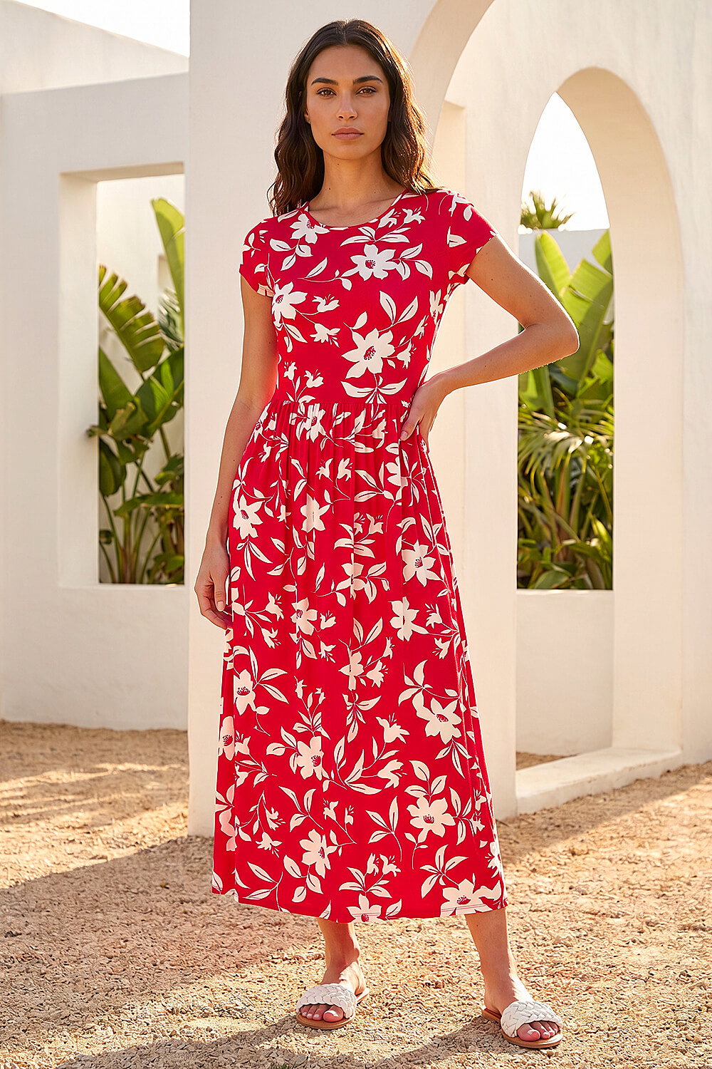 Red Floral Print Pocket Midi Dress, Image 4 of 4