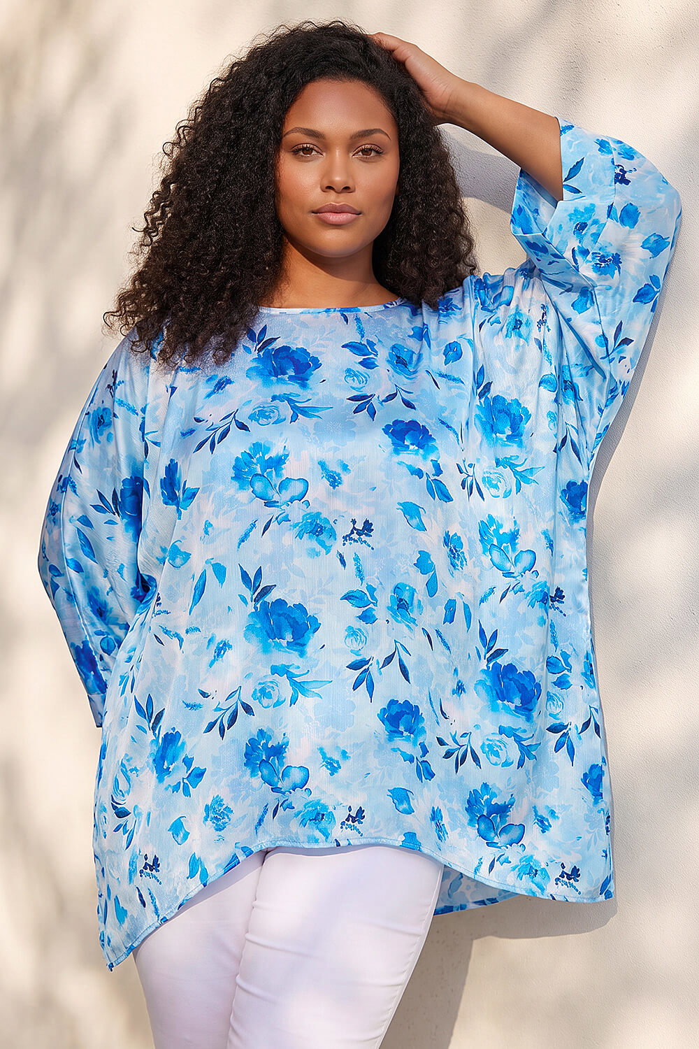 Roman Curve Women's Blue Floral Print Tunic Top Size 18