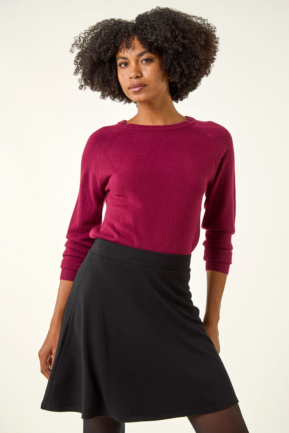 Black Elastic Waist Stretch A Line Skater Skirt, Image 3 of 5