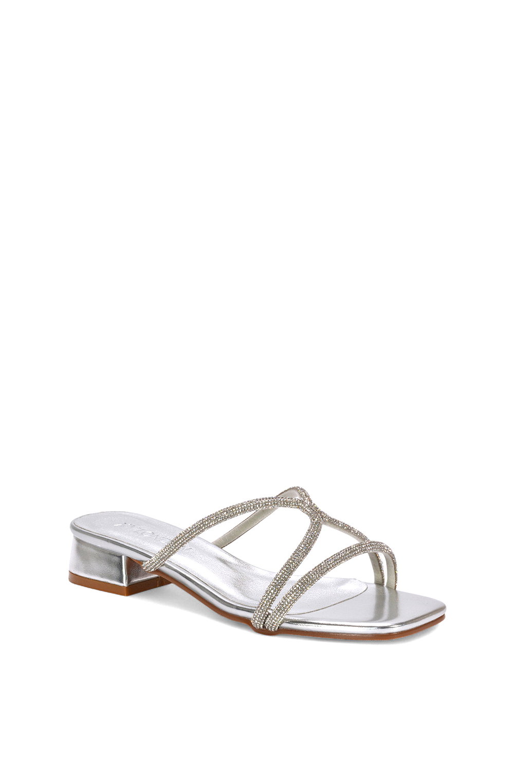 Silver XY LONDON Silver 'Olivia' Strappy Low Block Heel Diamante Sandals With Square Toe, Image 2 of 6