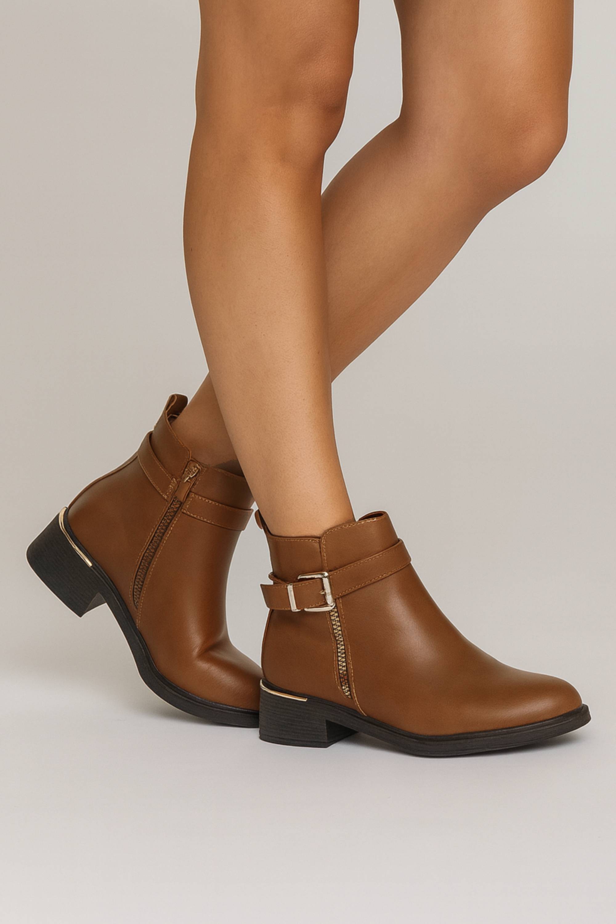 Tan AJVANI Tan Gold Zip Chunky Sole Buckle Ankle Boots, Image 2 of 5