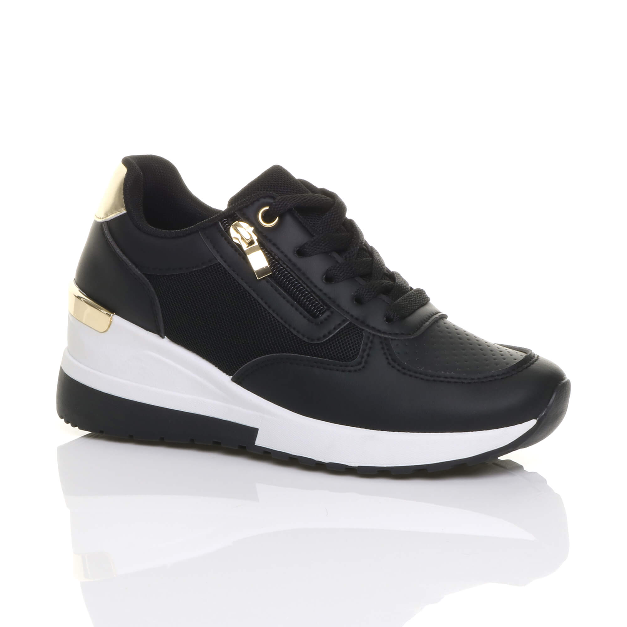 Black Mid Wedge Heel Lace Up Gold Zip Trainers, Image 1 of 5