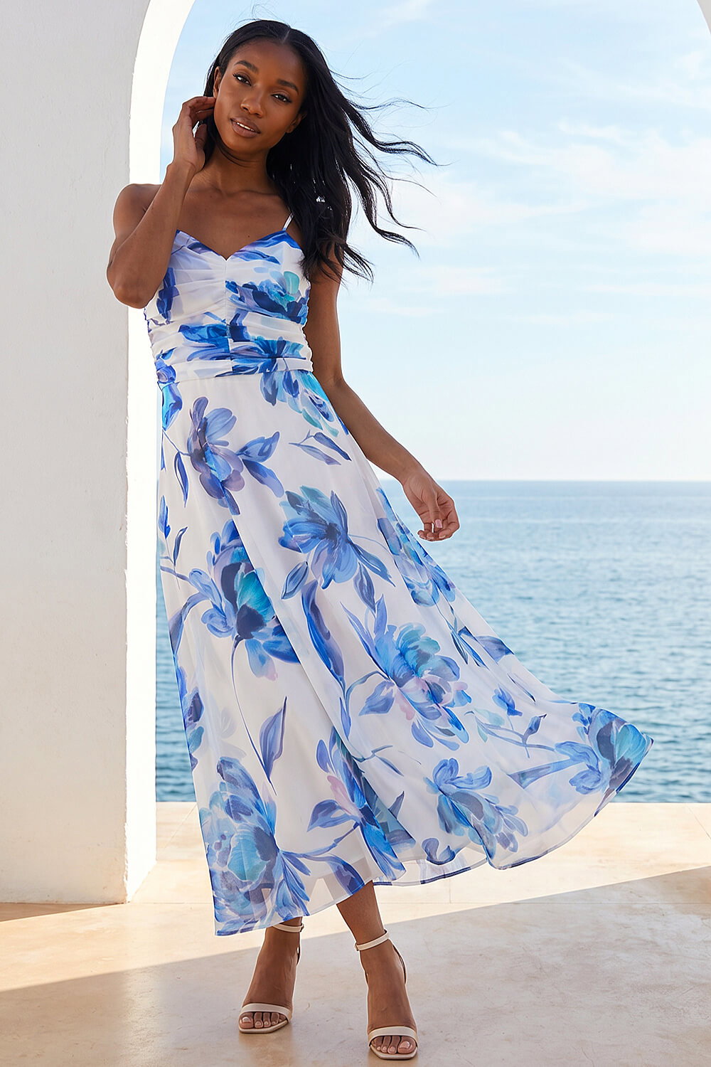 Blue Petite Floral Ruched Midi Dress , Image 4 of 4