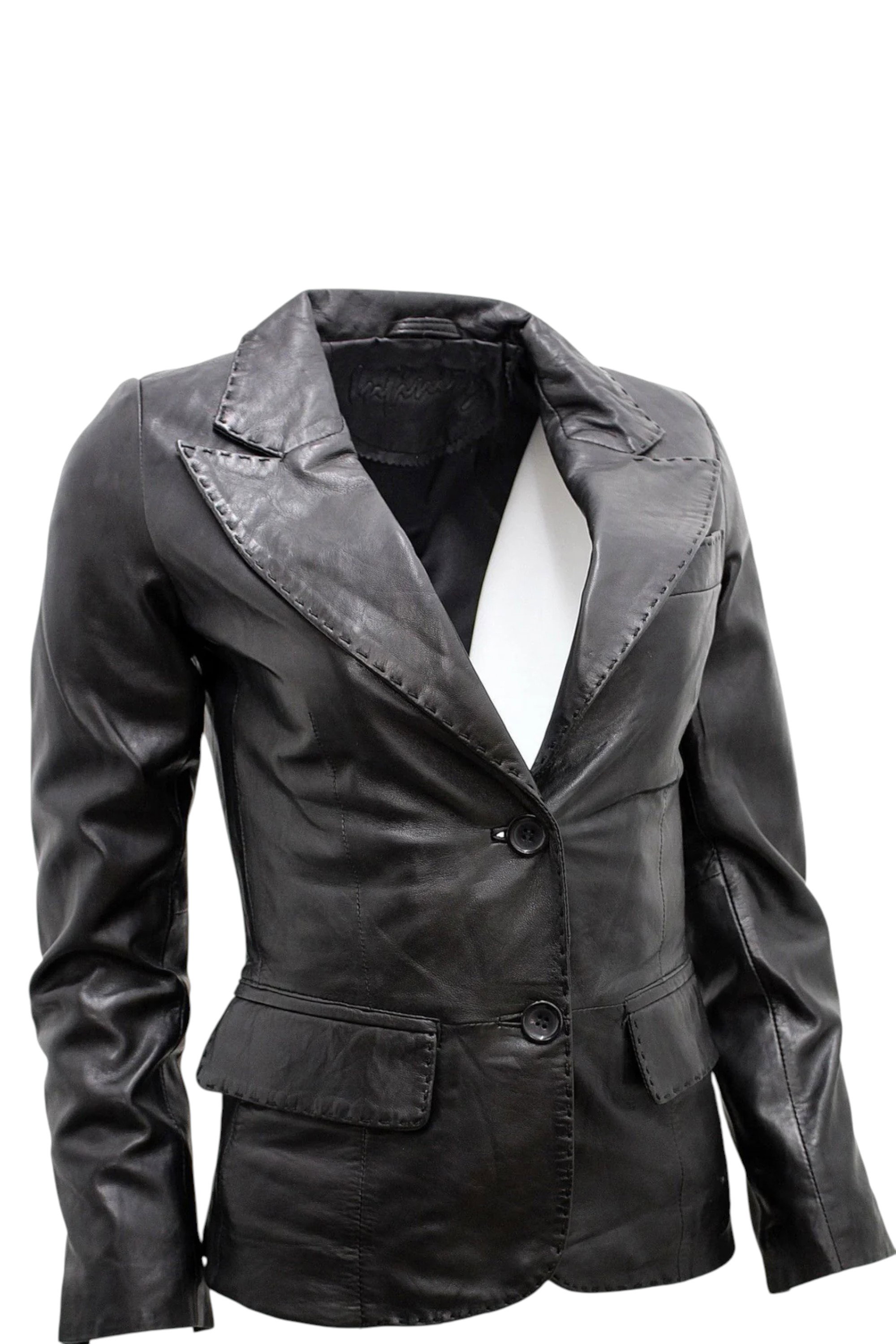 Black Womens 2 Button Leather Blazer Jacket, Image 2 of 4