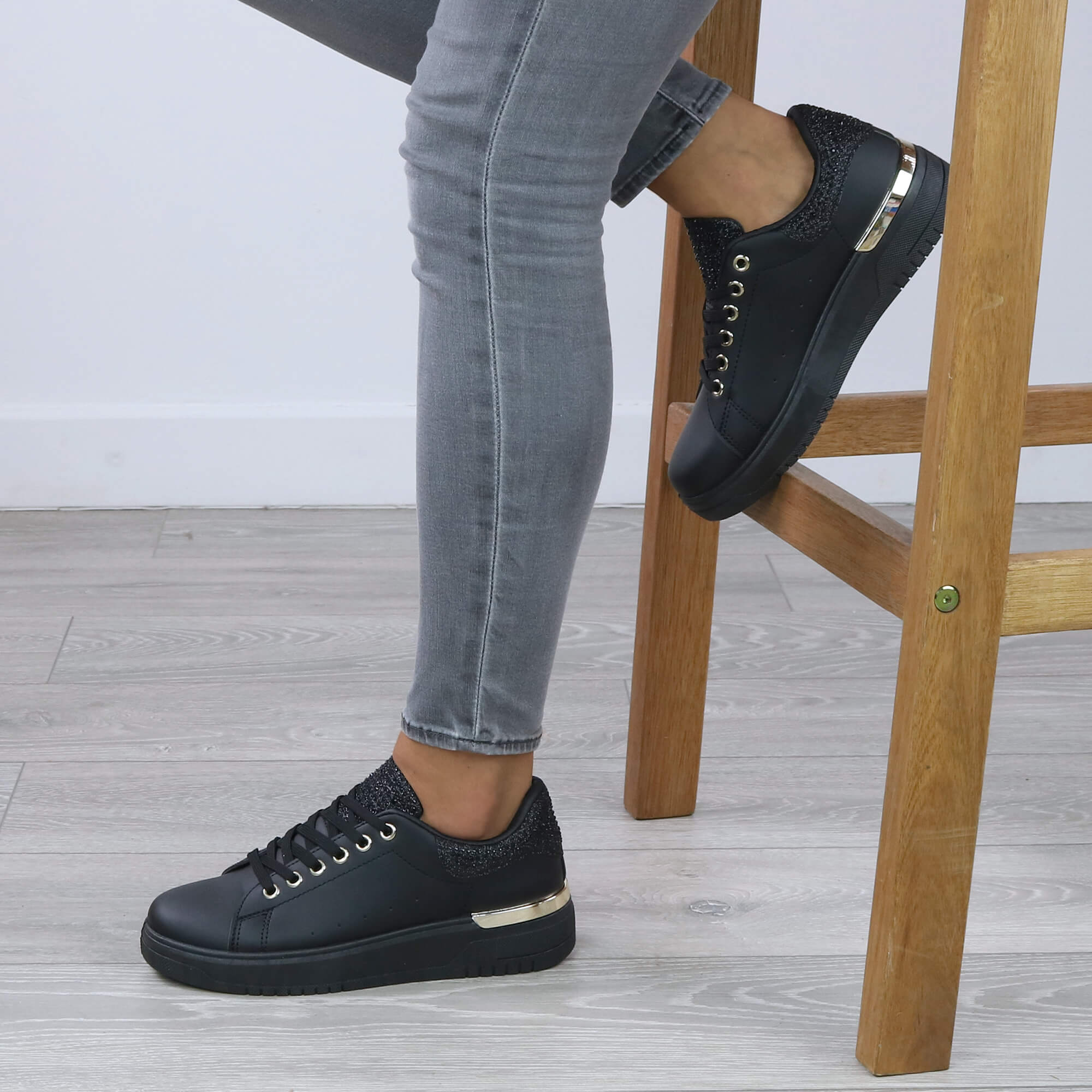 Black Flat Chunky Diamante Sparkly Trainers, Image 5 of 6