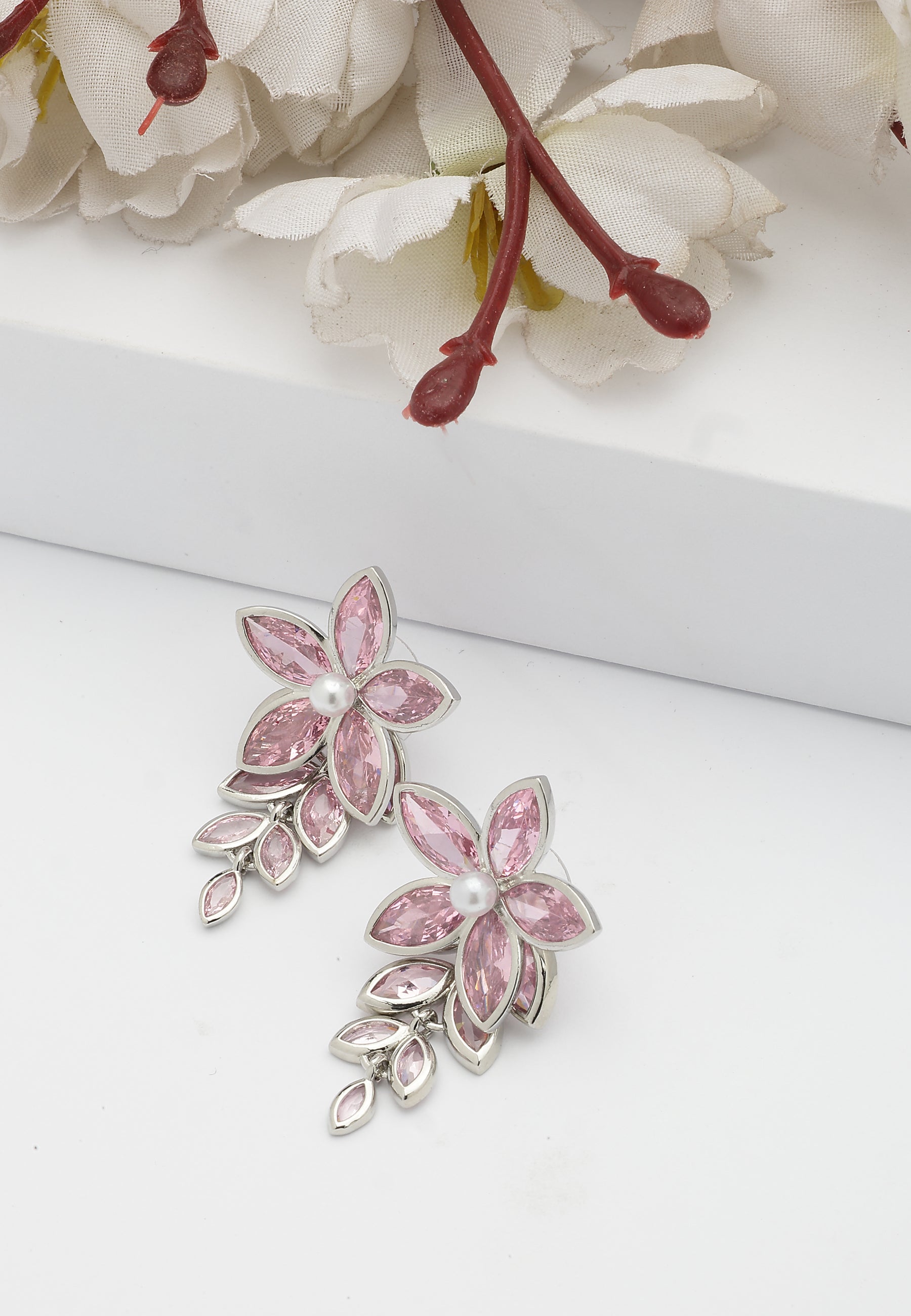 Light Pink Pearlescent Floral Cascading Earrings, Image 2 of 5