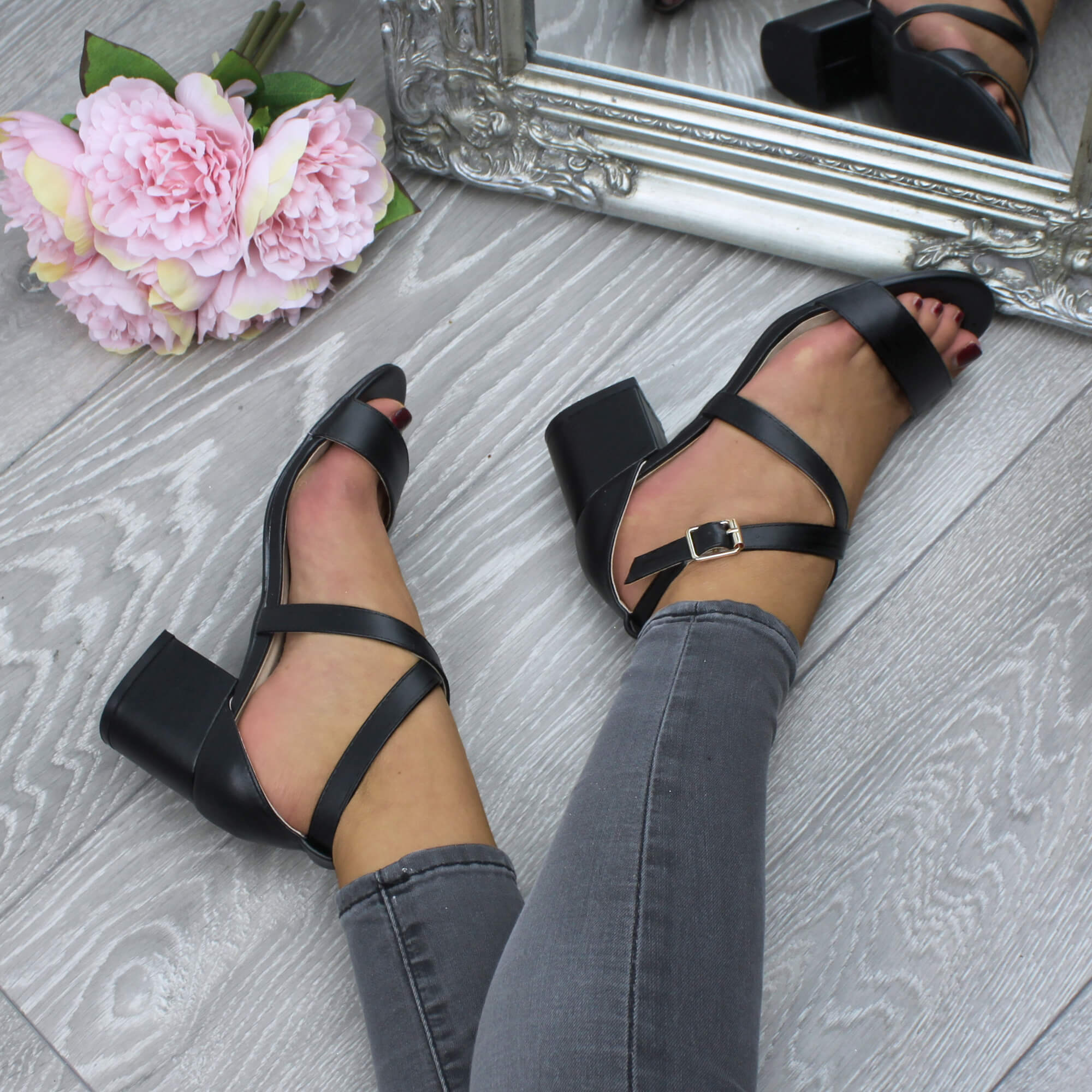 Black AJVANI Black Mid Block Heel Crossed Straps Sandals, Image 5 of 6