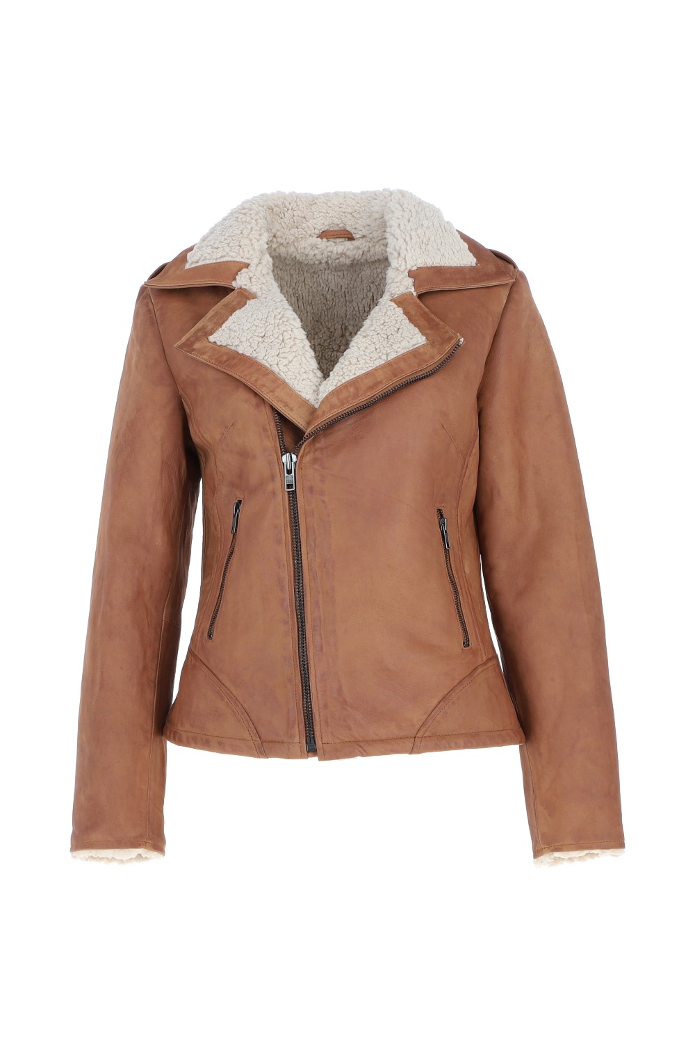 Tan 'Jan' Real Leather Biker Style Jacket With Faux Fur Lining, Image 2 of 5
