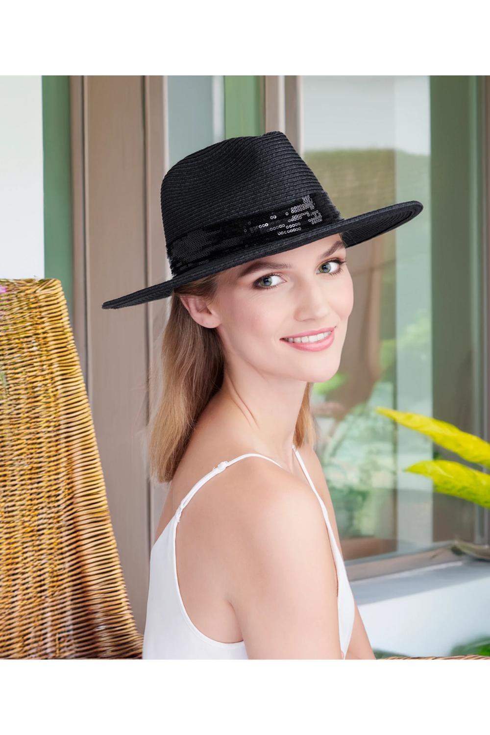 Black Aura - Sequin Trim Straw Fedora - Black, Image 1 of 1