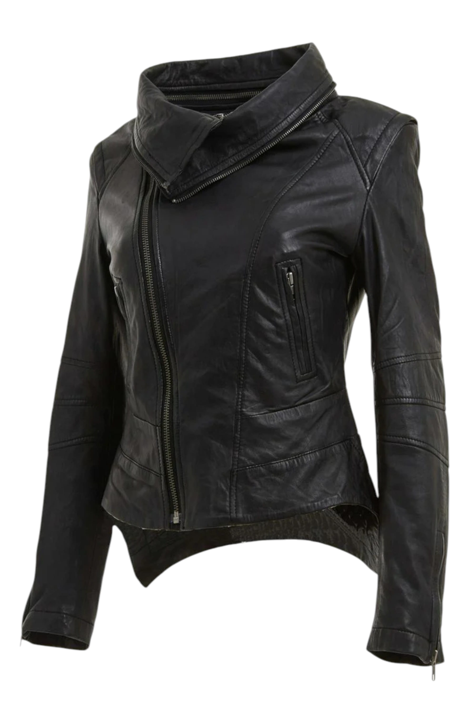 Black Detachable Collar Leather Biker Jacket, Image 2 of 4