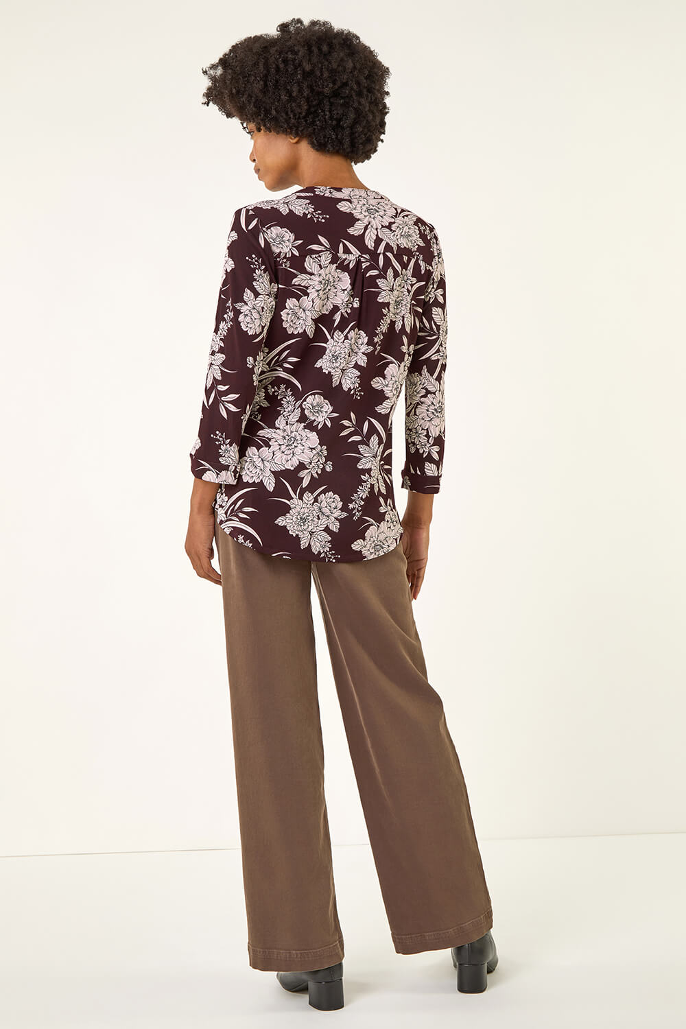 Burgundy Floral Puff Print Stretch Shirt, Image 4 of 5