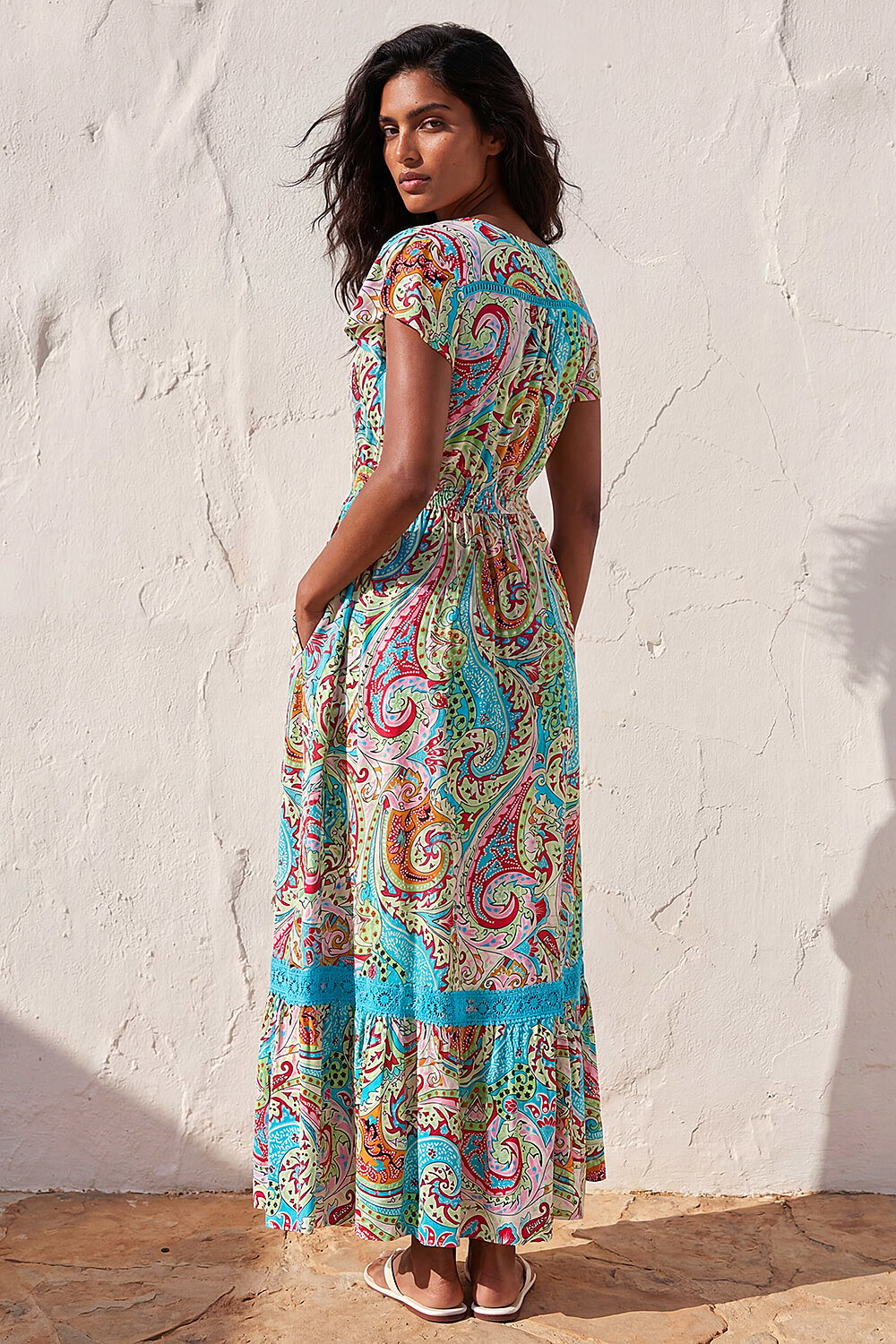 Light Blue Paisley Print Shirred Waist Maxi Dress, Image 4 of 4