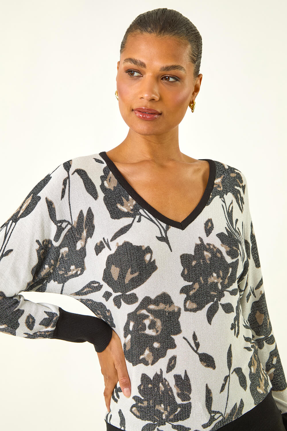 Ivory Floral Print V-Neck Knit Jumper, Image 4 of 6