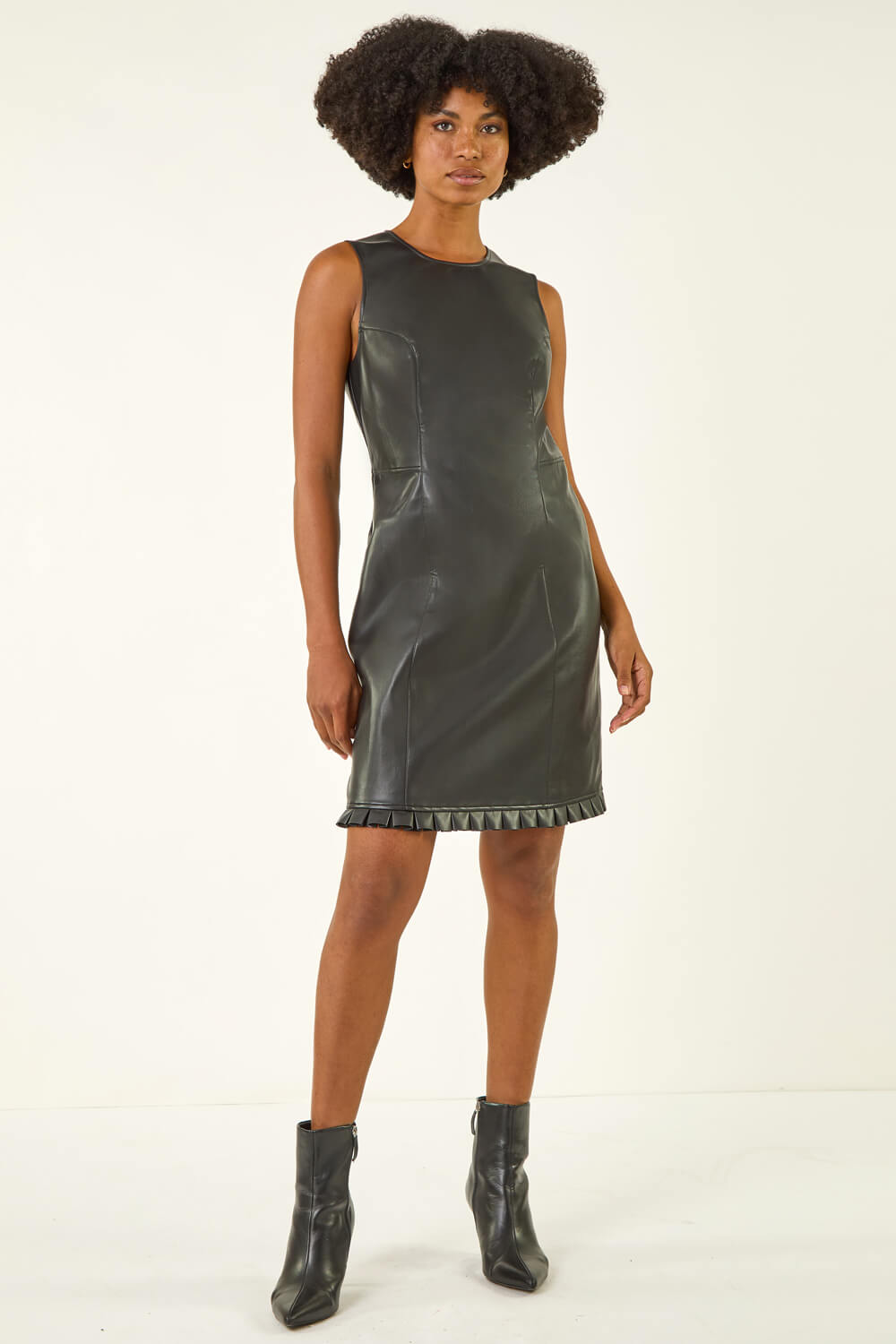 Black Faux Leather Pleated Hem Dress, Image 4 of 7