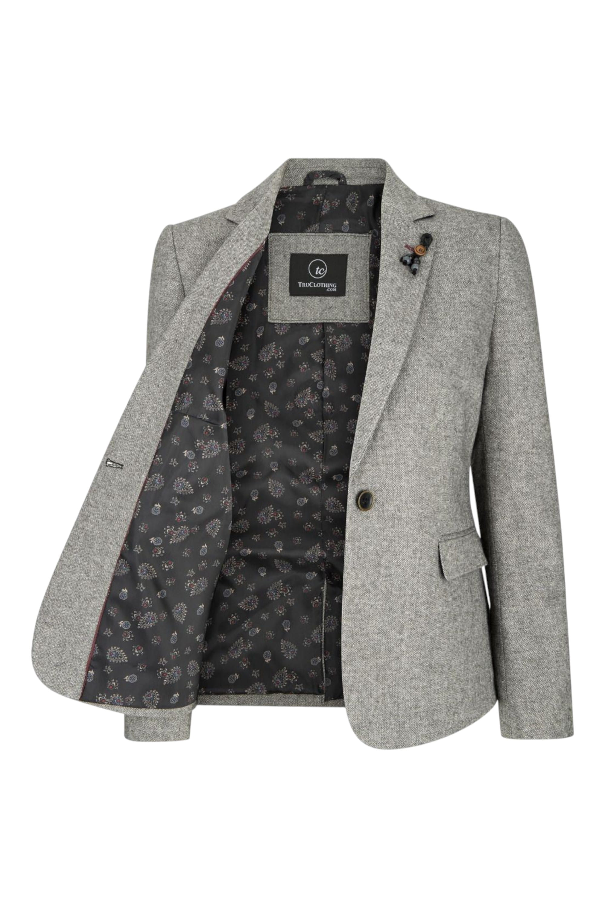 Light Grey Infinity Leather Light Grey Tweed 1920s Herringbone Light Grey Blazer, Image 4 of 6