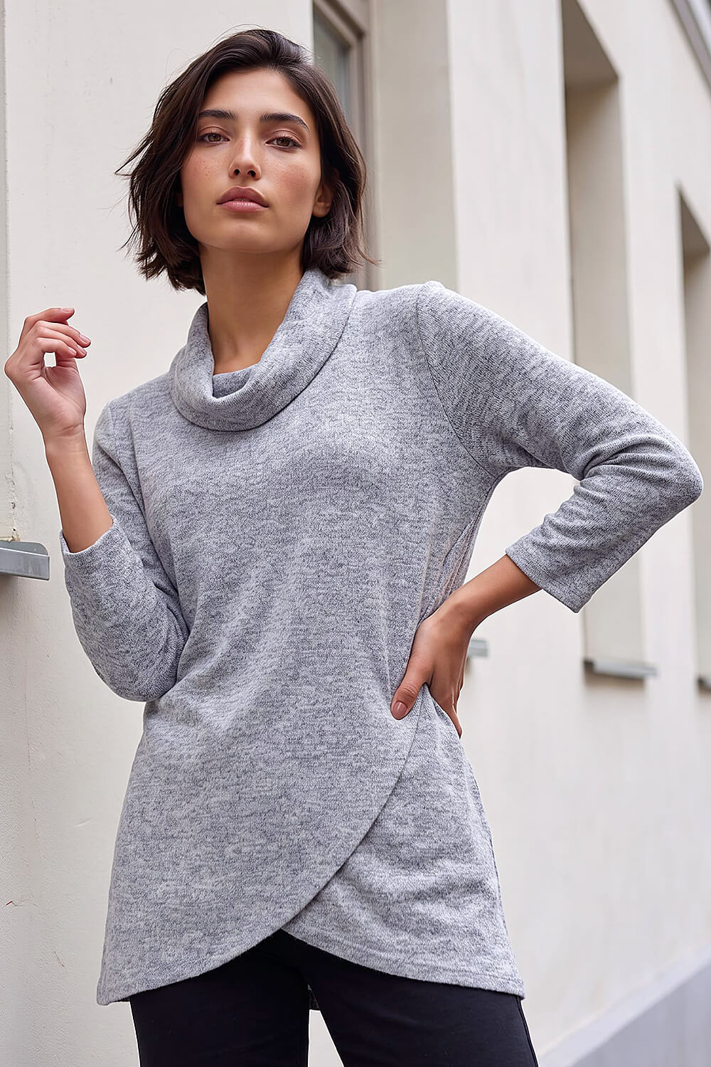 Roman Petite Women's Grey Brushed Knit Wrap Top Size 18