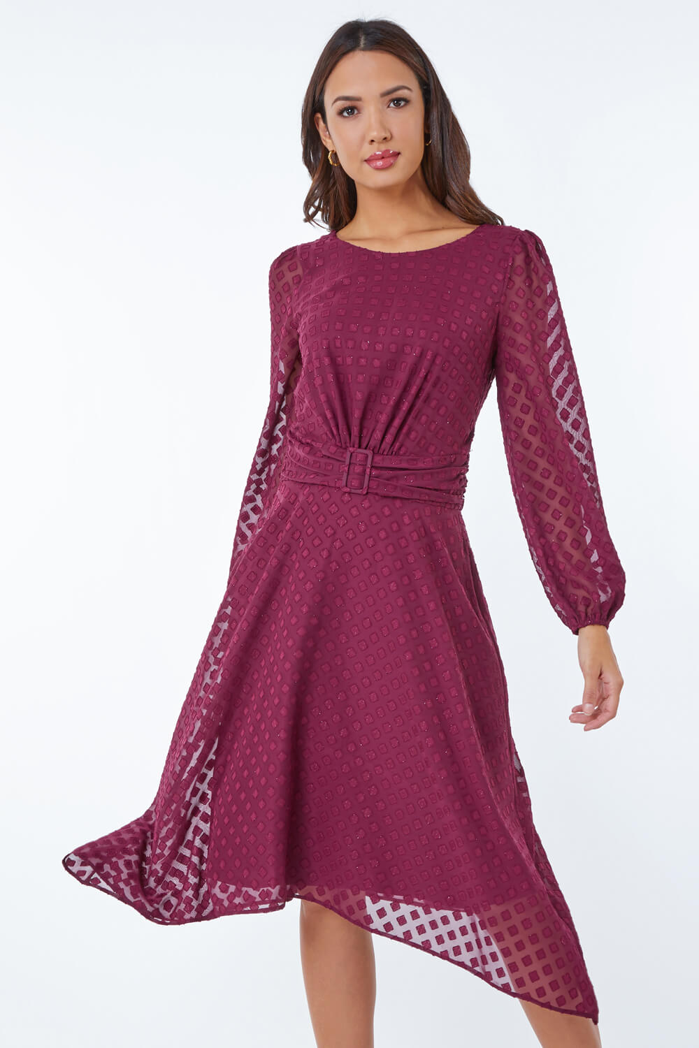 Wine Textured Diamond Belted Chiffon Midi Dress, Image 4 of 5