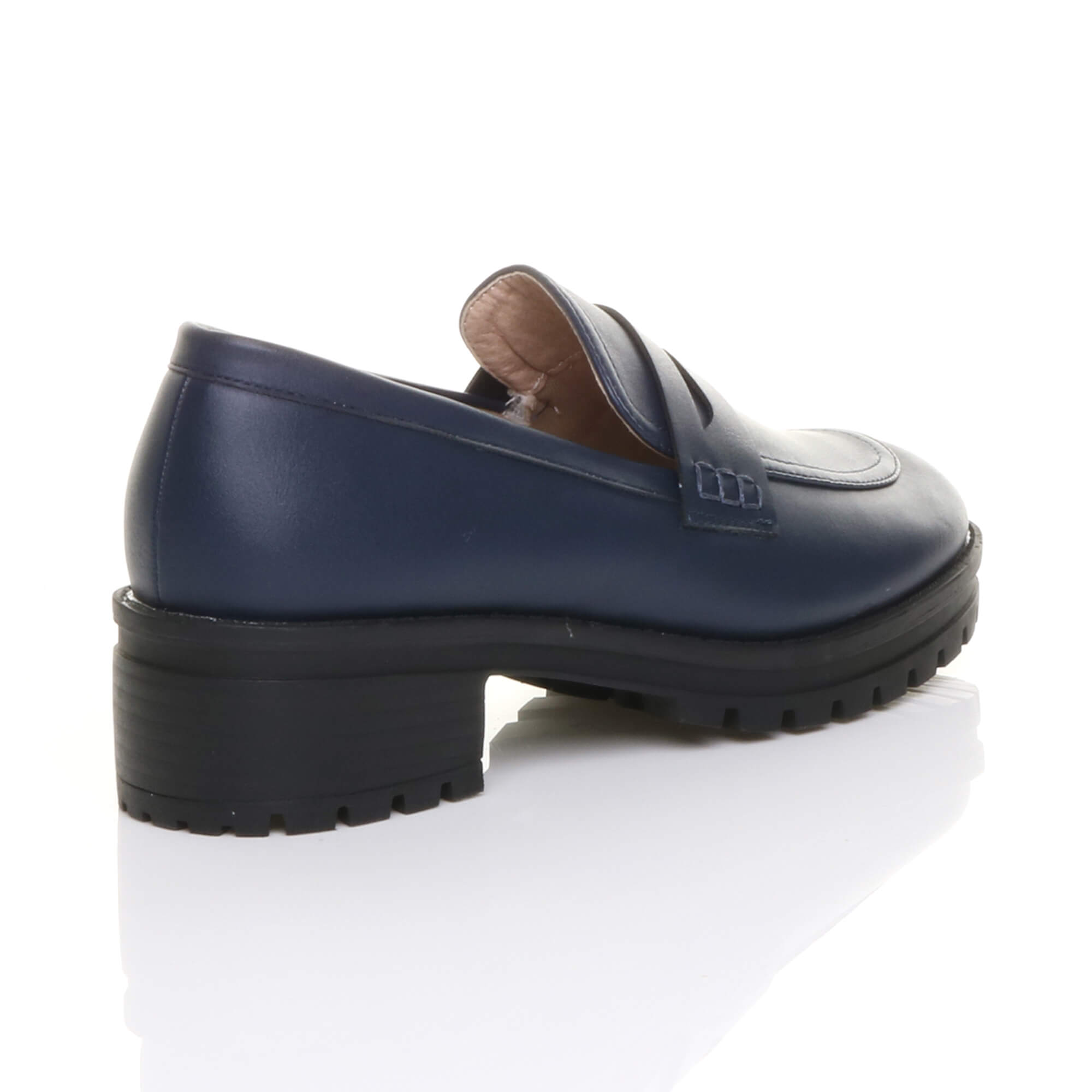 Navy Blue Flat Chunky Heeled Penny Loafers, Image 4 of 5