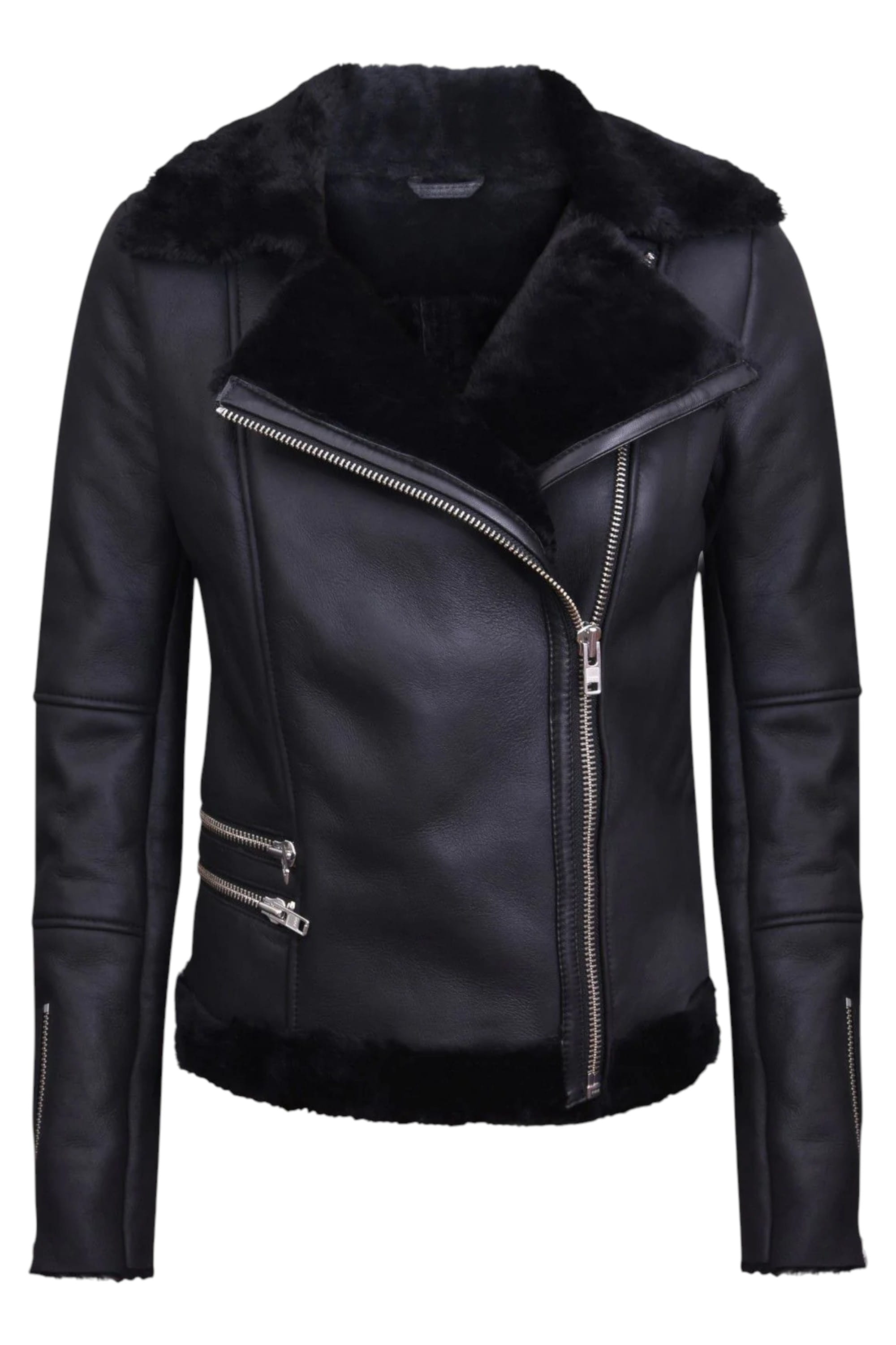 Black Shearling Sheepskin Aviator Jacket-Kiev, Image 2 of 5