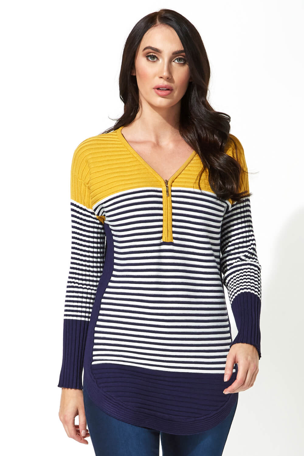 Zip Front Textured Top in Navy - Roman Originals UK