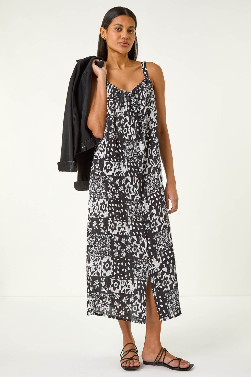 Roman  Black Abstract Gathered Strappy Midi Dress Size 16