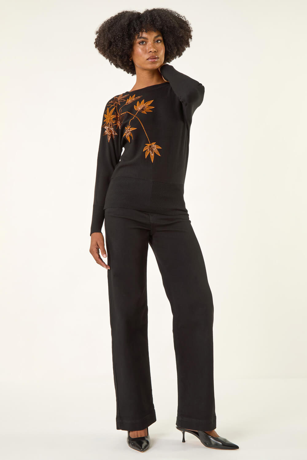Black Sequin Floral Embroidered Knit Jumper, Image 3 of 5