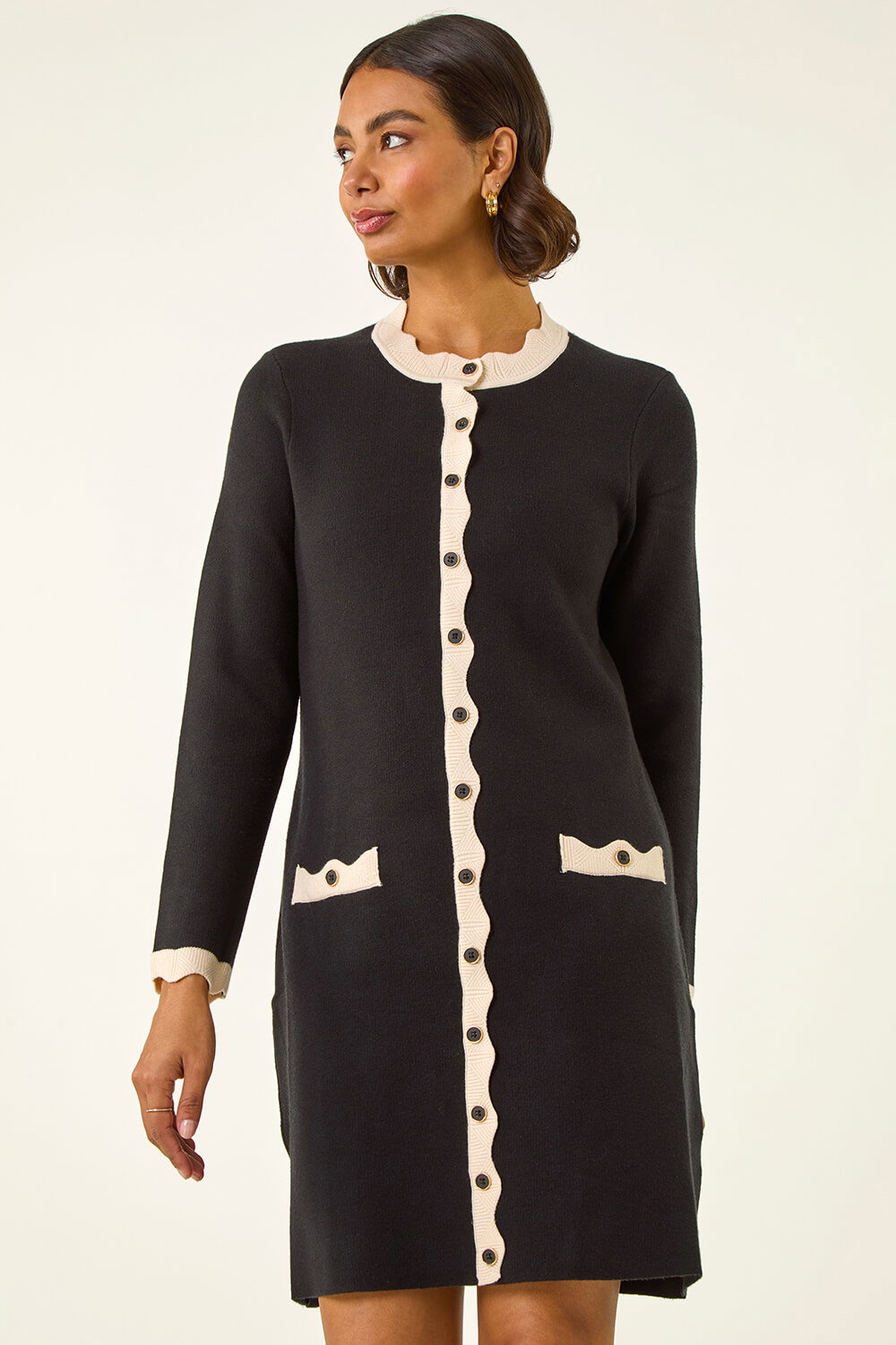 Black Scalloped Button Down Knit Dress, Image 3 of 6