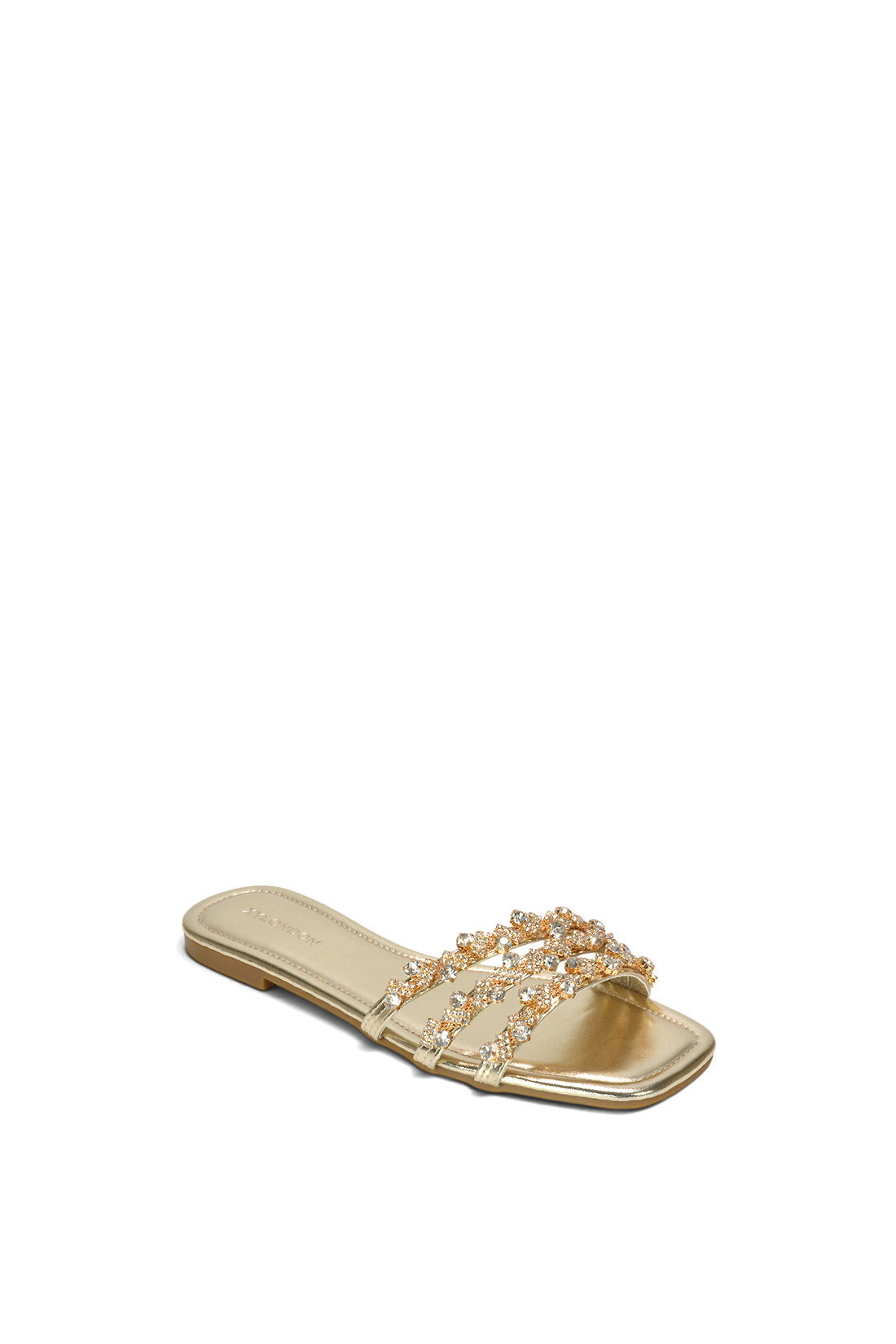 Gold XY LONDON Gold Flat Diamante Strappy Slider Sandals With Square Toe, Image 2 of 6
