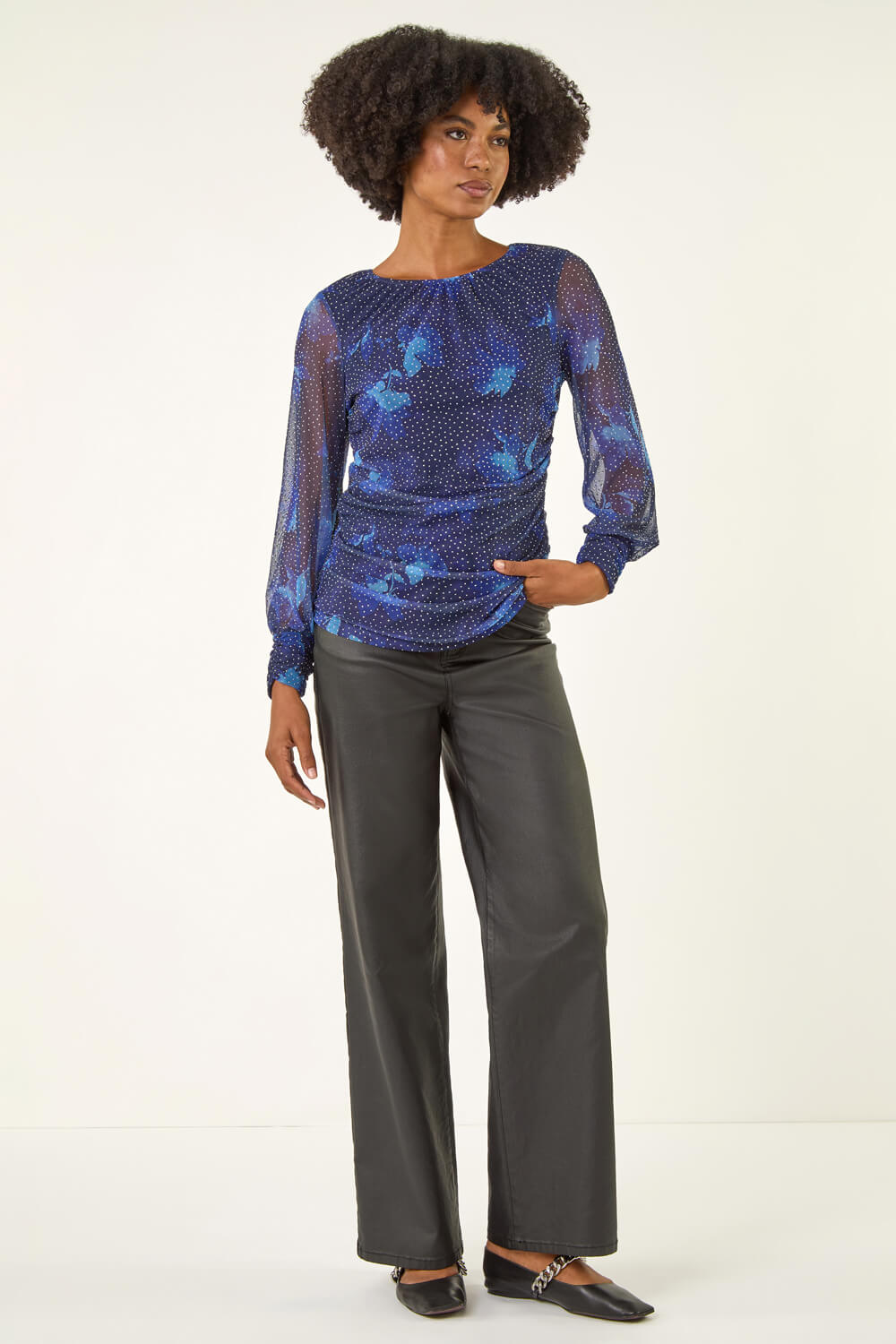 Navy Printed Stud Mesh Stretch Top, Image 3 of 5