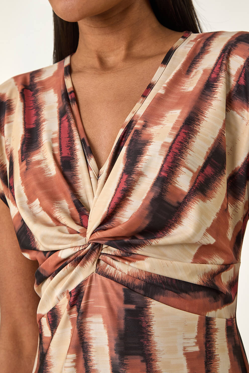 Tan Abstract Print V-Neck Twist Midi Dress, Image 6 of 5