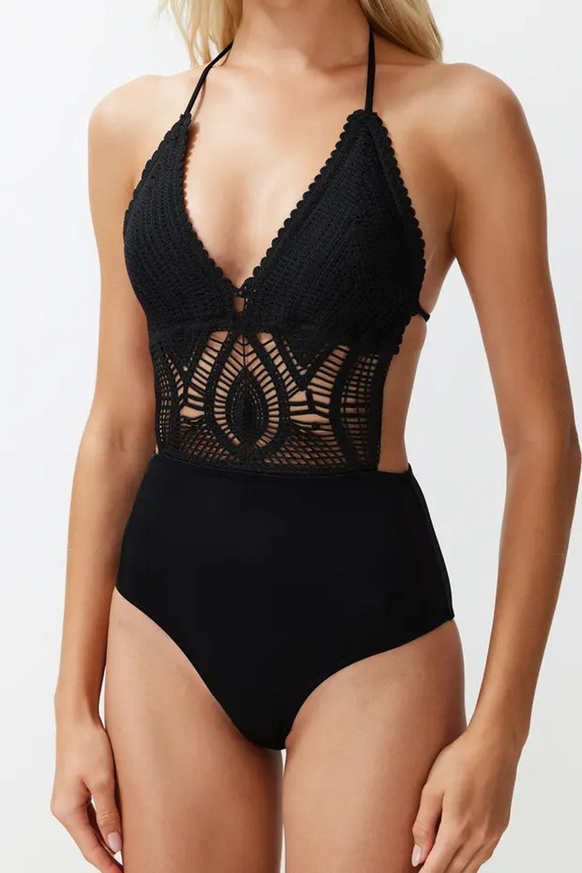 Black WOVCOR Black Halterneck Lace Detail Plunge Swimsuit, Image 2 of 4
