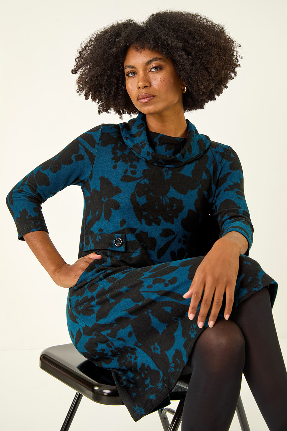 Teal Floral Print Cowl Neck Dress, Image 3 of 5