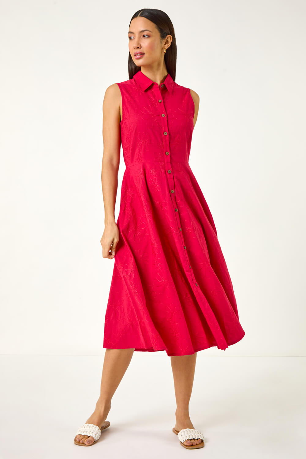 Red Embroidered Buttoned Midi Dress, Image 3 of 5
