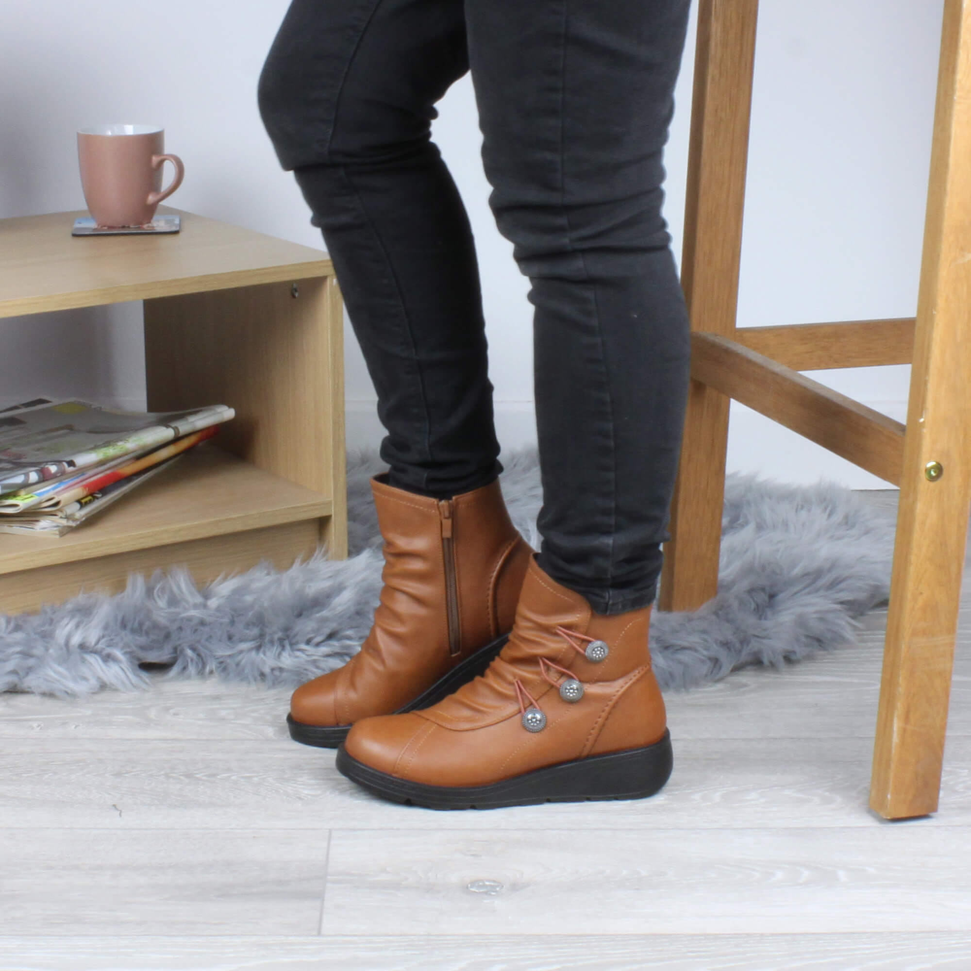 Tan AJVANI Tan Low Wedge Comfort Button Ankle Boots, Image 5 of 6