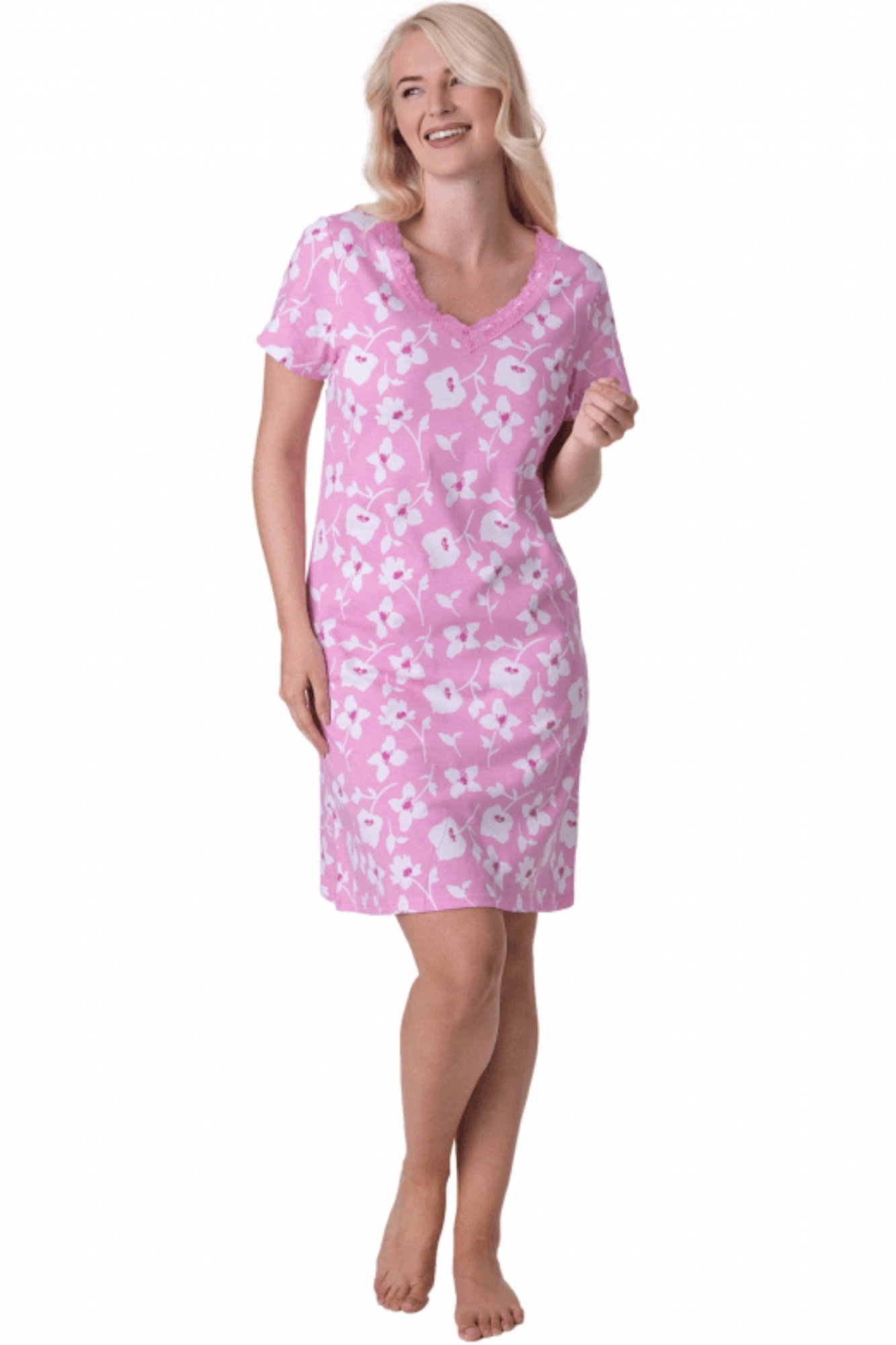 Pink Camille Lingerie Pink Floral Print Cotton Nightdress, Image 1 of 5