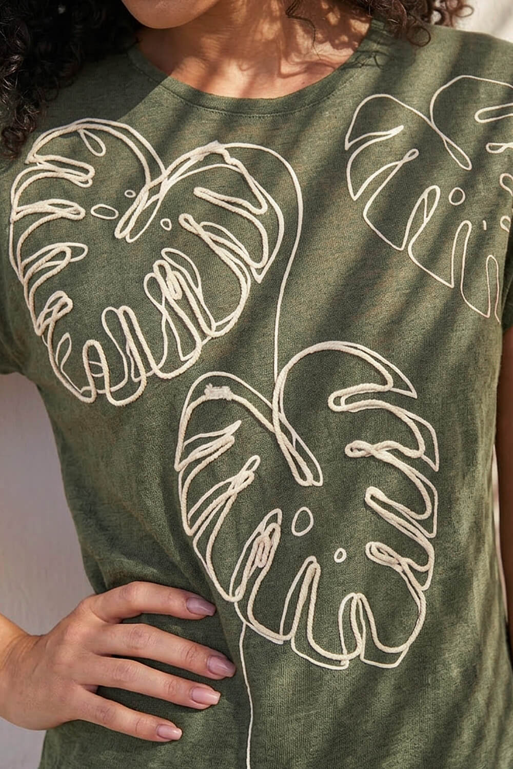 Khaki Embroidered Leaf T-Shirt, Image 5 of 4