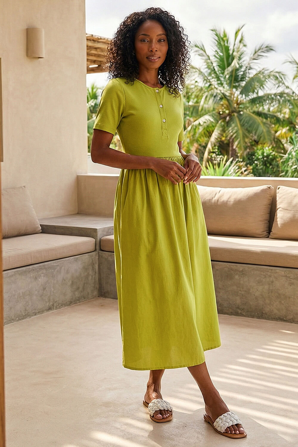 Lime Buttoned Pocket Stretch Midi Dress , Image 1 of 4
