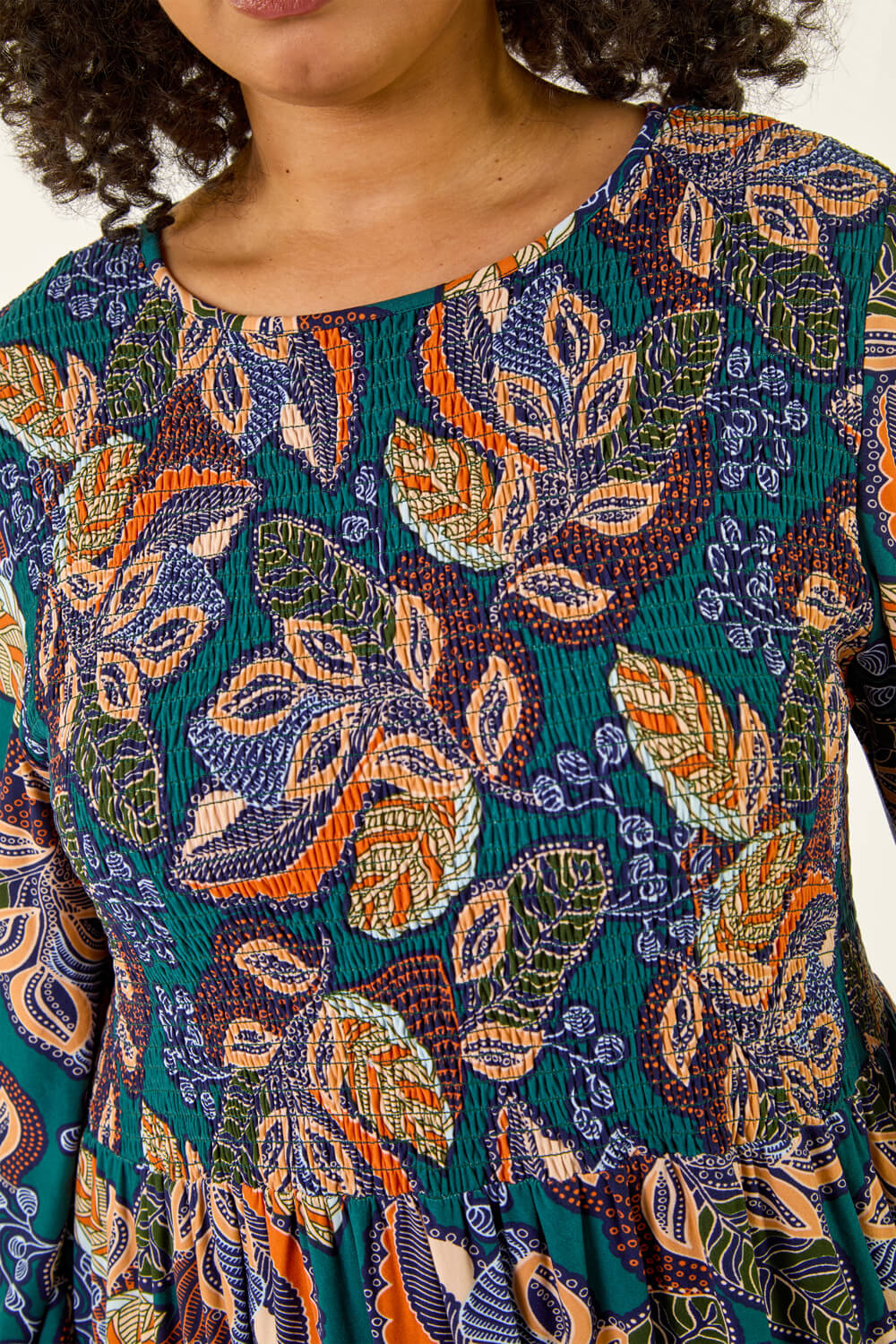 Teal Curve Floral Print Shirred Midi Dress, Image 7 of 7