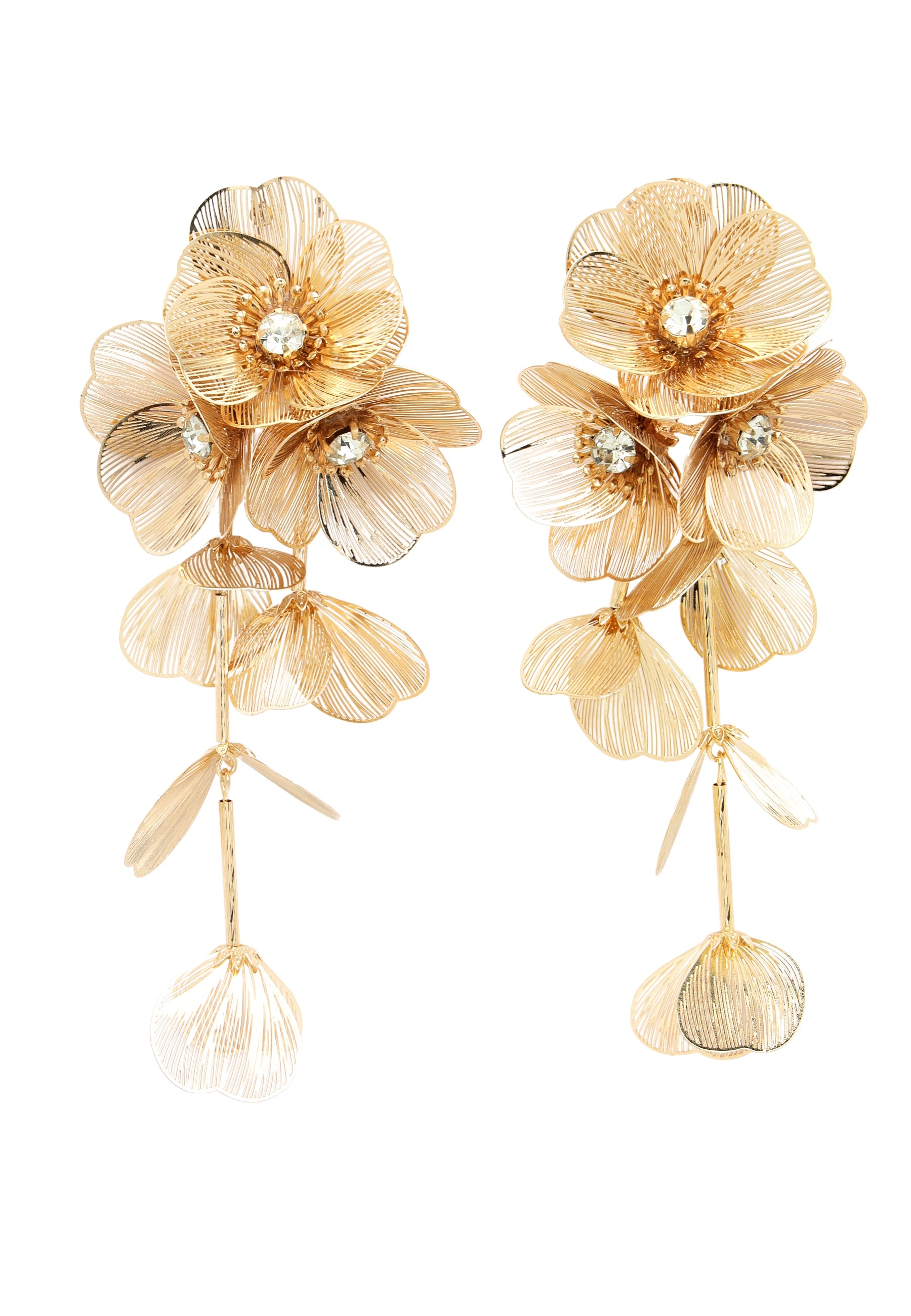 Metallic Crystal Bloom Tassel Gold Plated Earrings