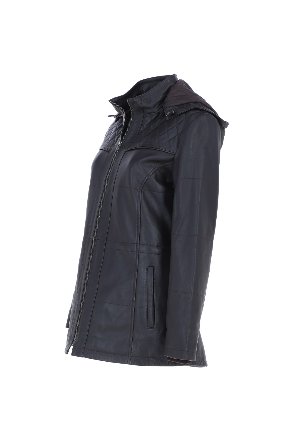 Brown Real Leather Hooded Duffle Jacket, Image 3 of 6