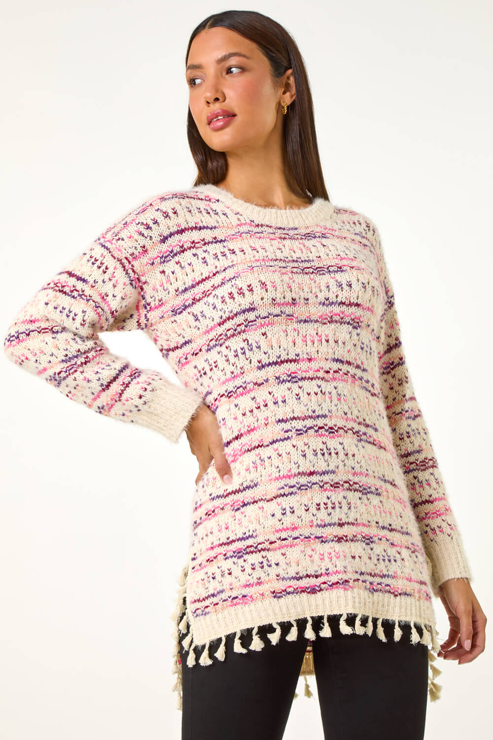 Pink Boucle Fringe Hem Tunic Jumper, Image 3 of 5