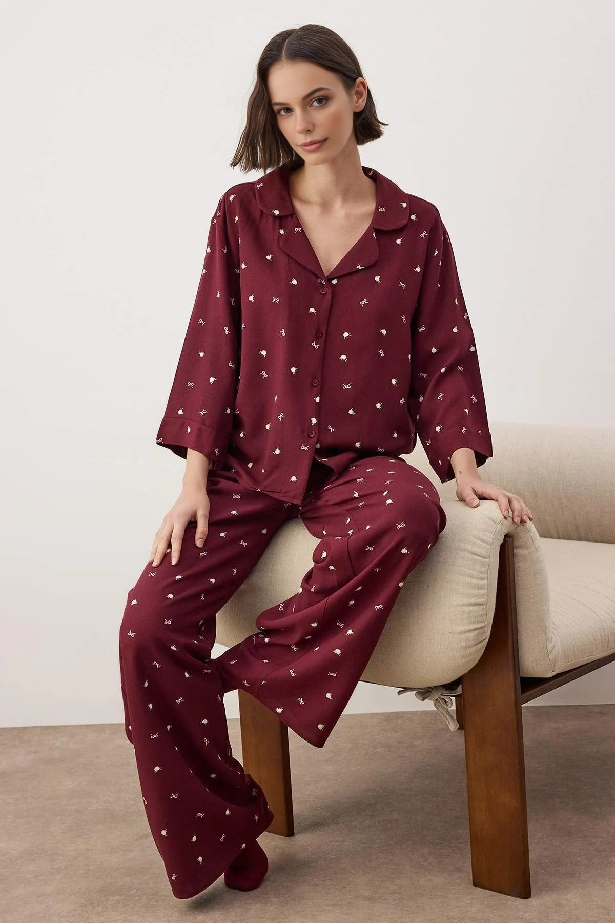 Burgundy WOVCOR Burgundy 2-Piece Printed Woven Pajama Set, Image 1 of 3